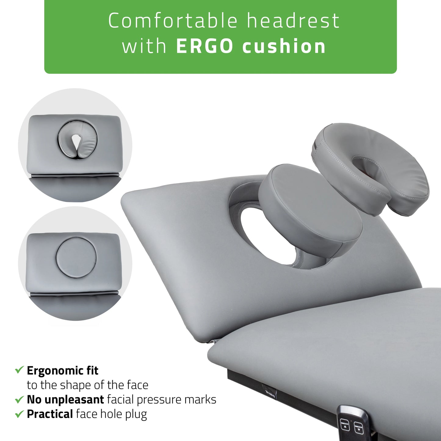 Fortis 2 ERGO Massagetafel, elektrische hoogteverstelling met voetbalkabel, ERGO kussen, K722 Grijs