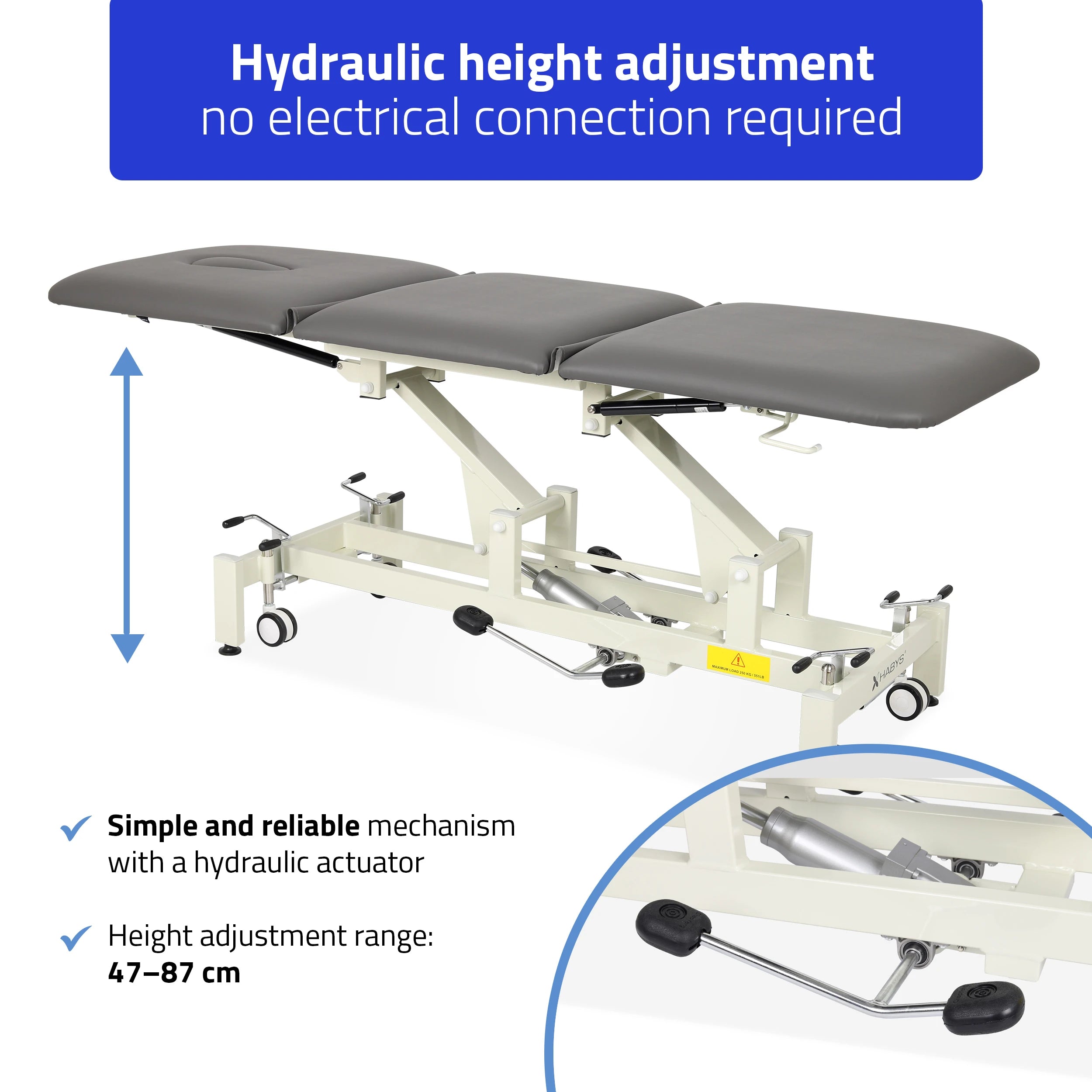 Ultima H3 Elektrische Therapieliege, hydraulische Verstellung, Rollen, PVC grau
