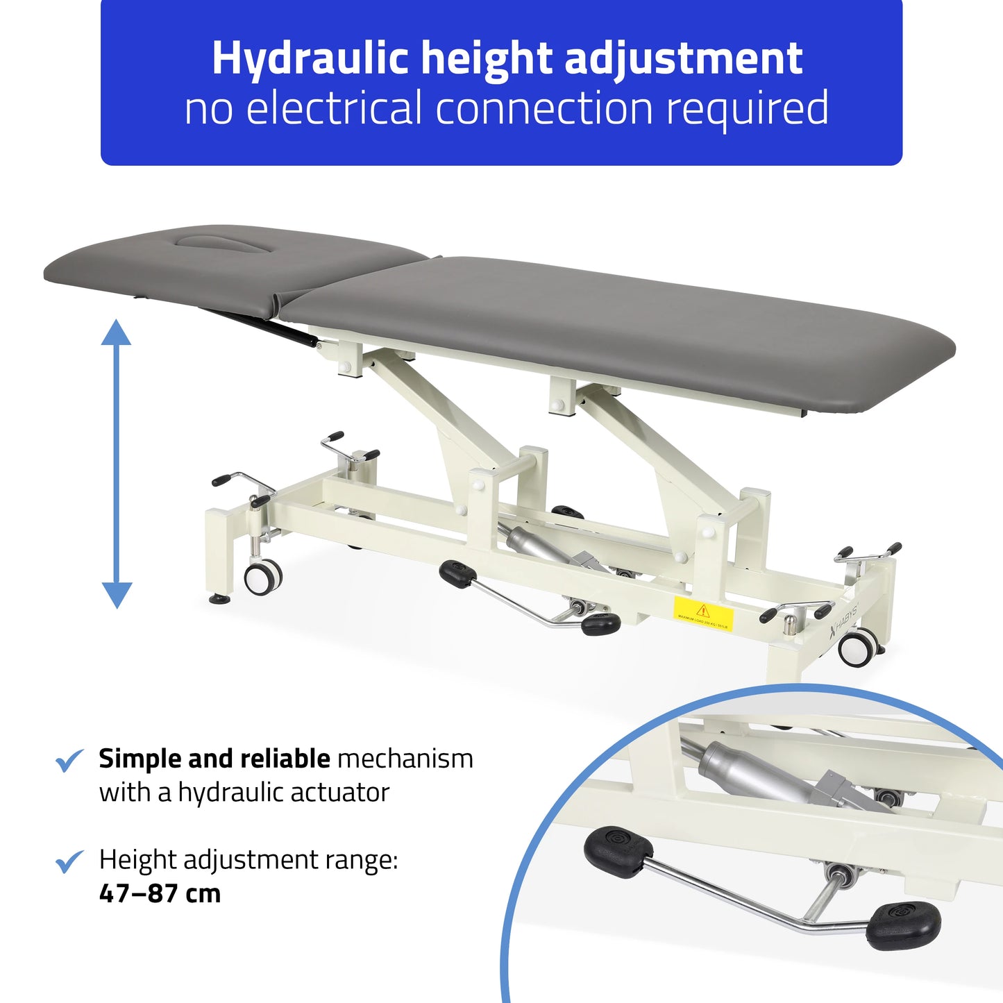 Ultima H2 therapy table, hydraulique adjustment, wheels, PVC gris
