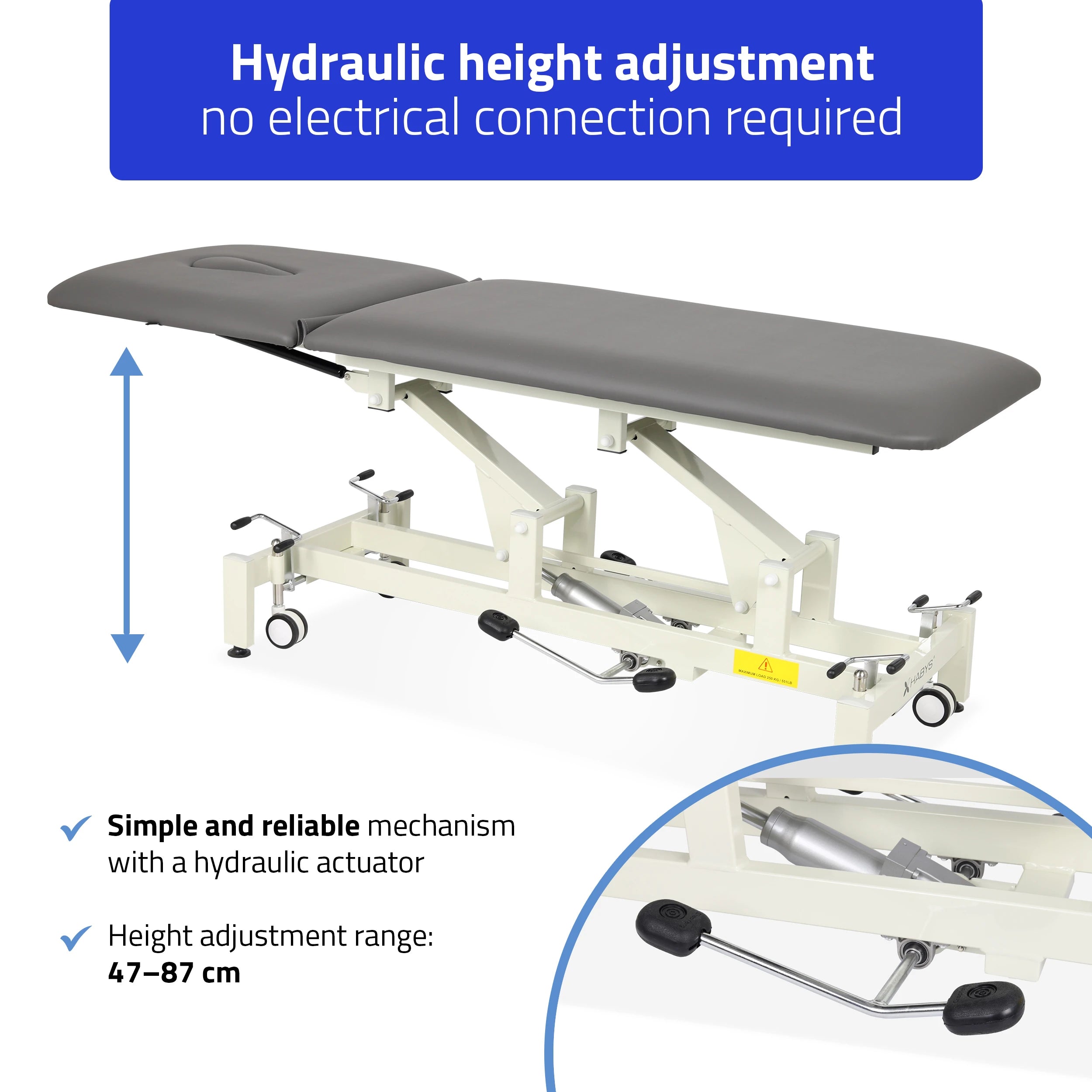 Ultima H2 therapy table, hydraulique adjustment, wheels, PVC gris