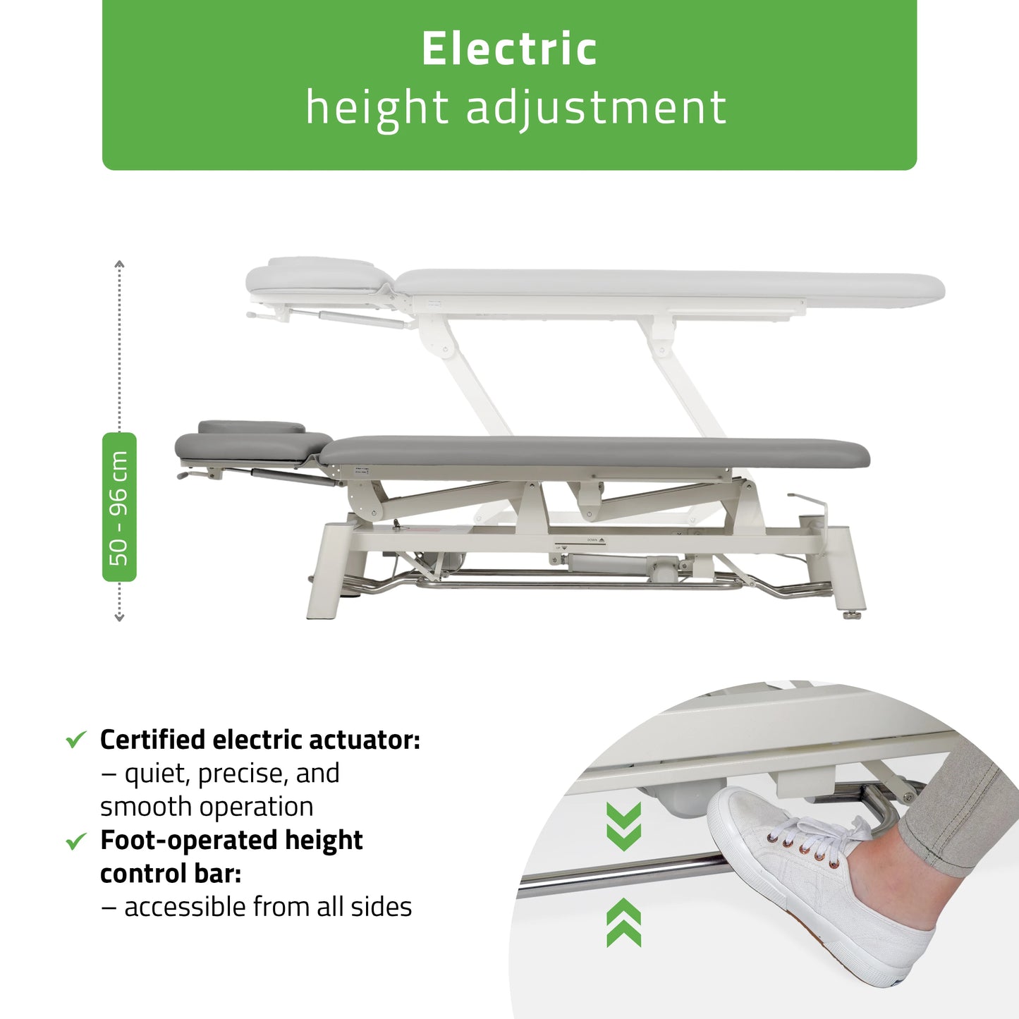 Proxima V2 Ergo therapy table, electric height adjustment with foot control bar, ERGO cushion, Touch Core k322 gray