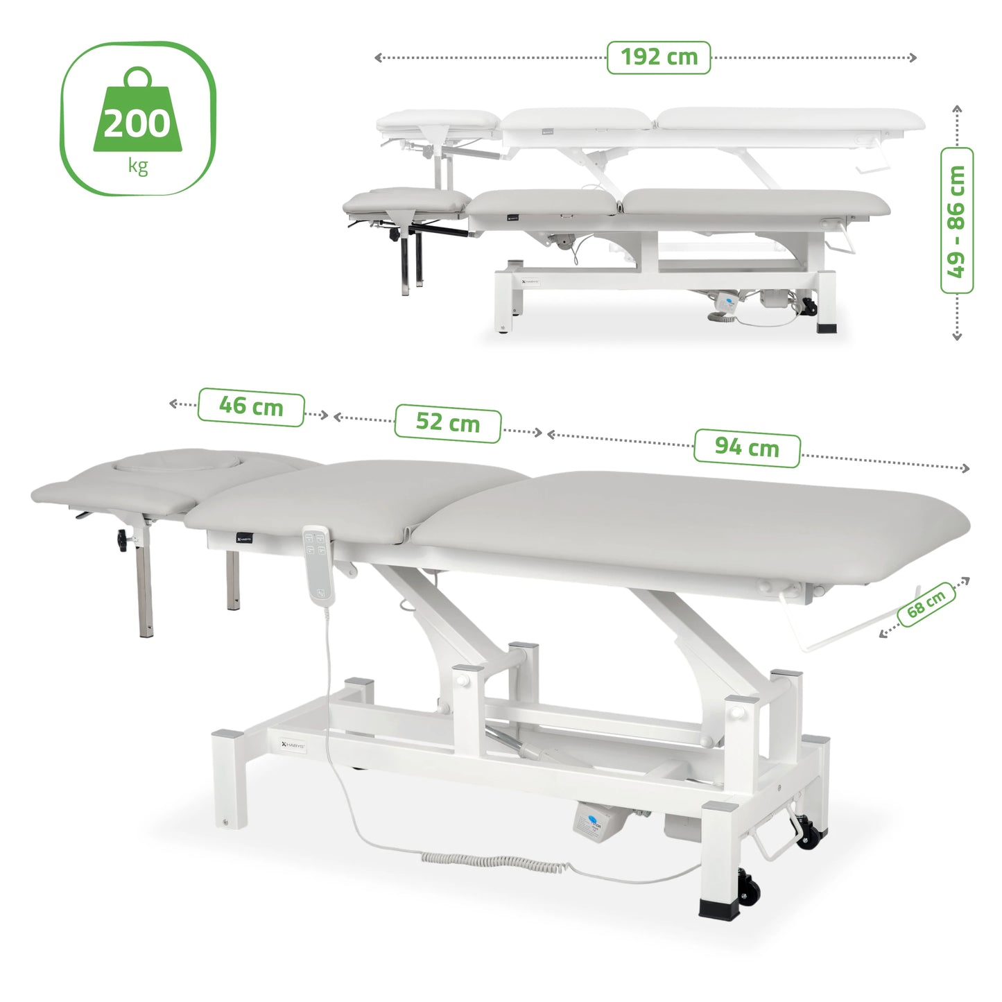 Fortis 5 ERGO treatment table, electric height adjustment with hand remote control, ERGO cushion, k729 light gray