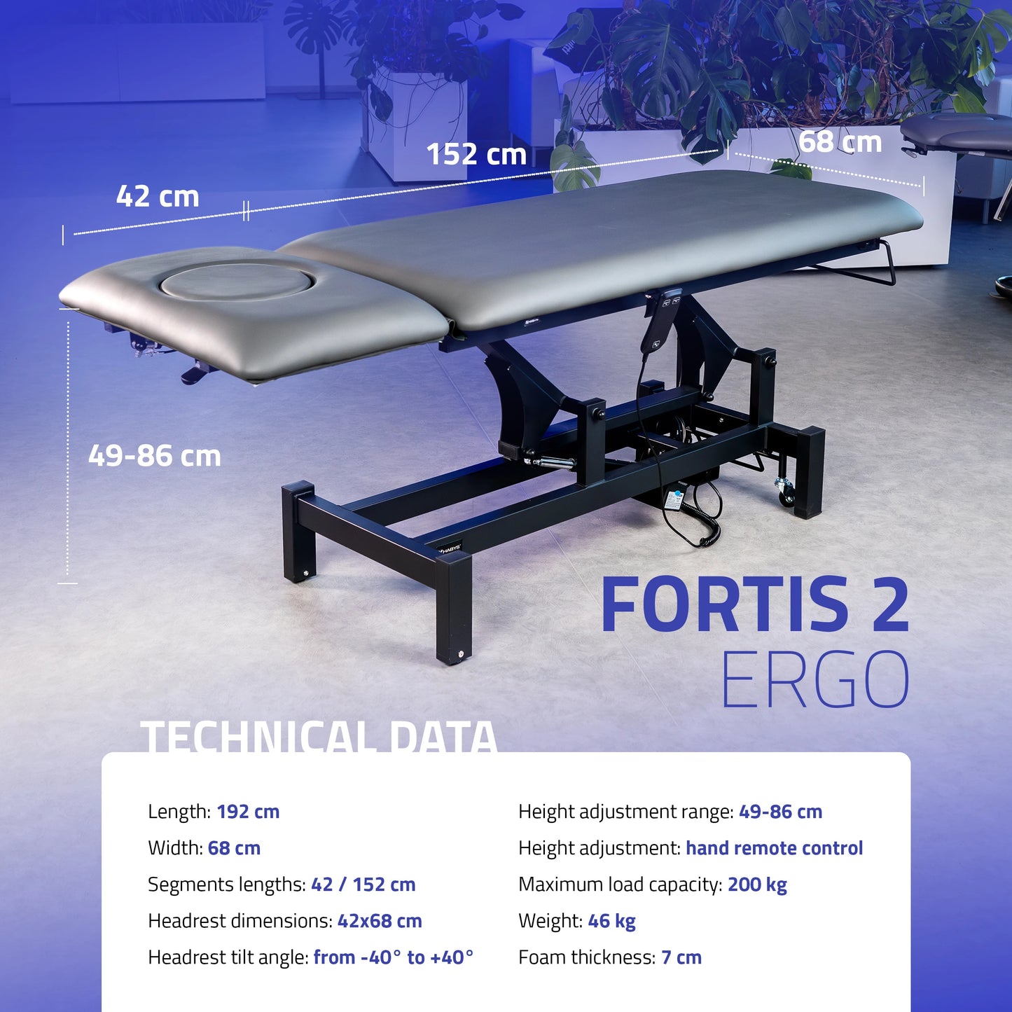 Masāžas galds Fortis 2 ERGO, elektriska augstuma regulēšana, ERGO spilvens
