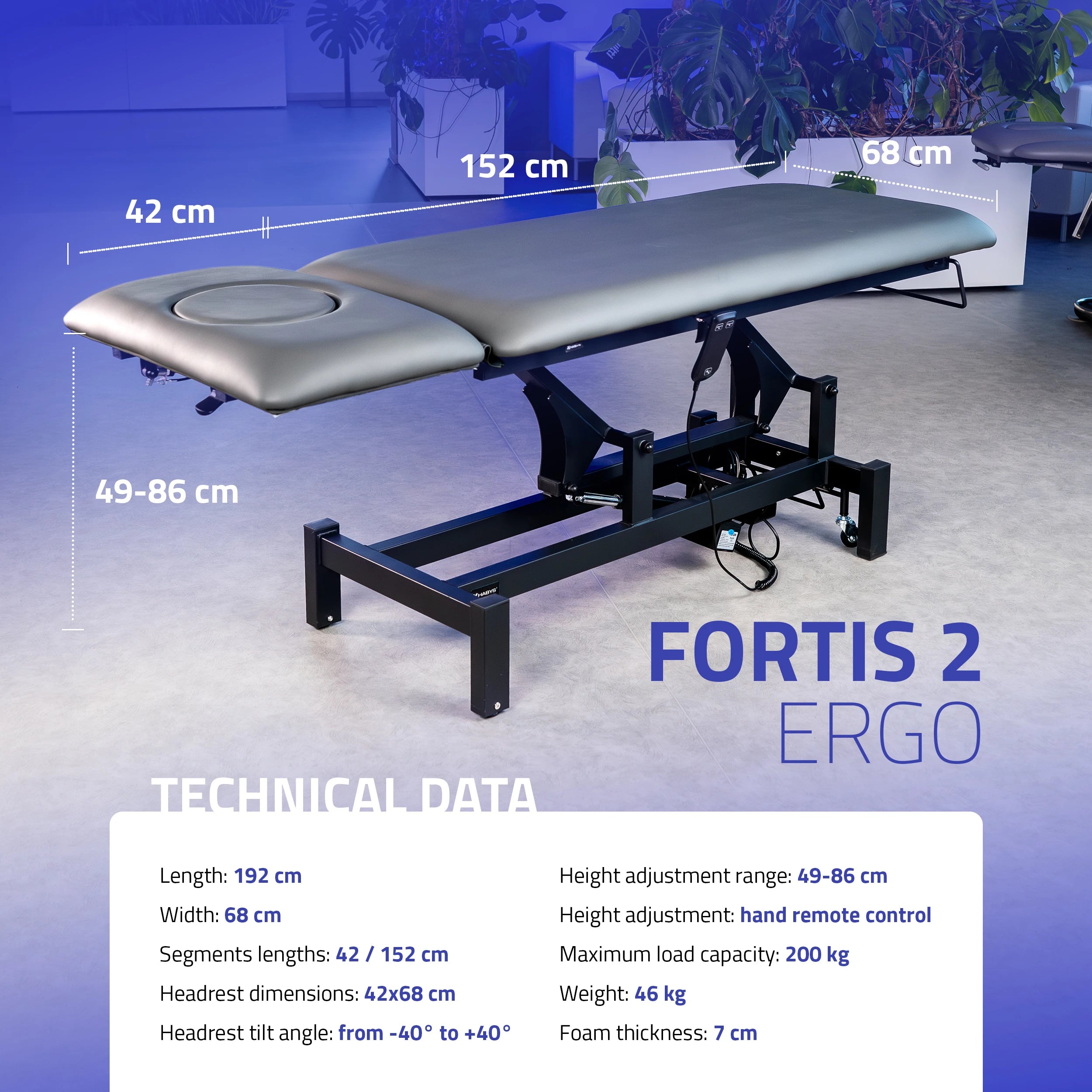 Masāžas galds Fortis 2 ERGO, elektriska augstuma regulēšana, ERGO spilvens