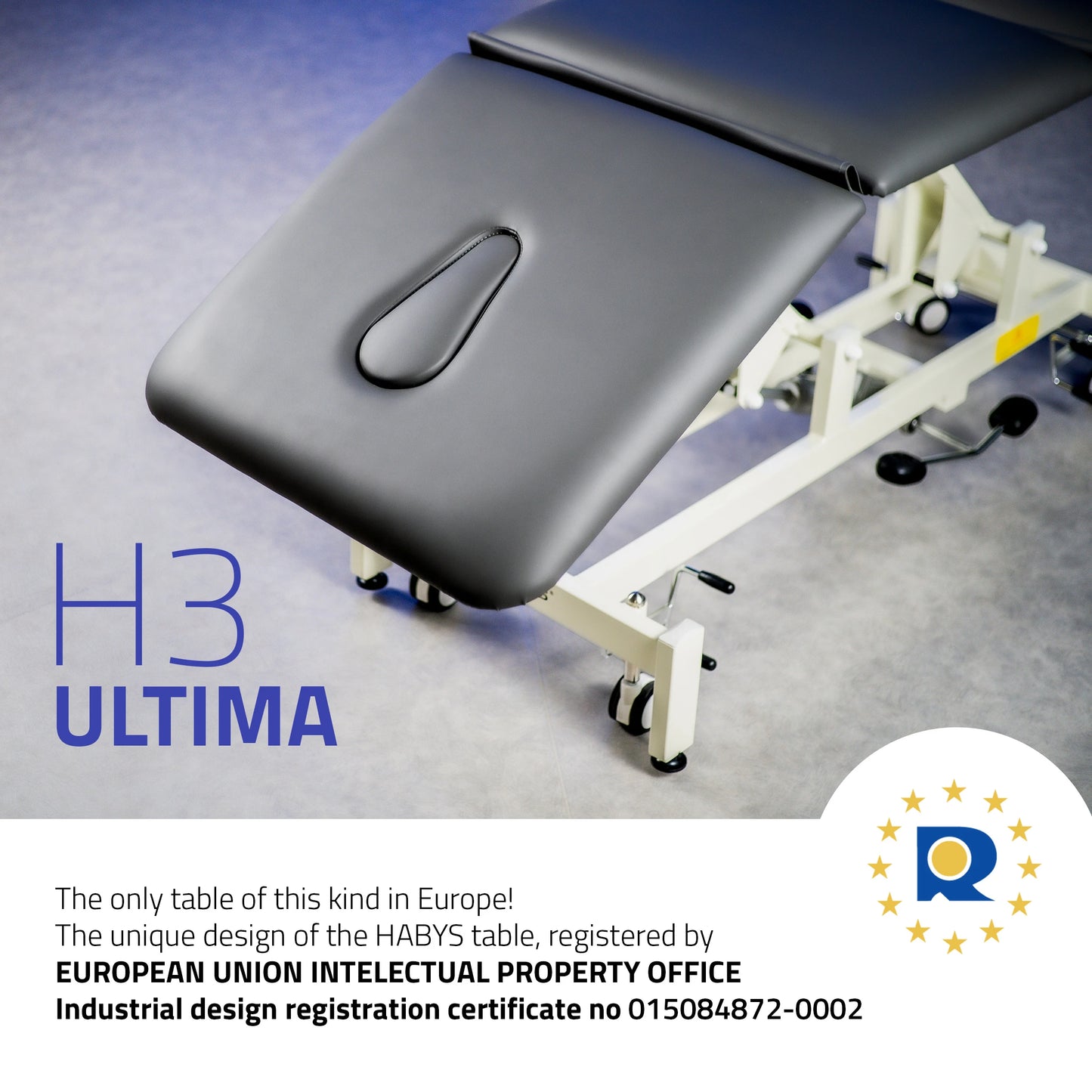 Ultima H3 Elektrische Therapieliege, hydraulische Verstellung, Rollen, PVC grau
