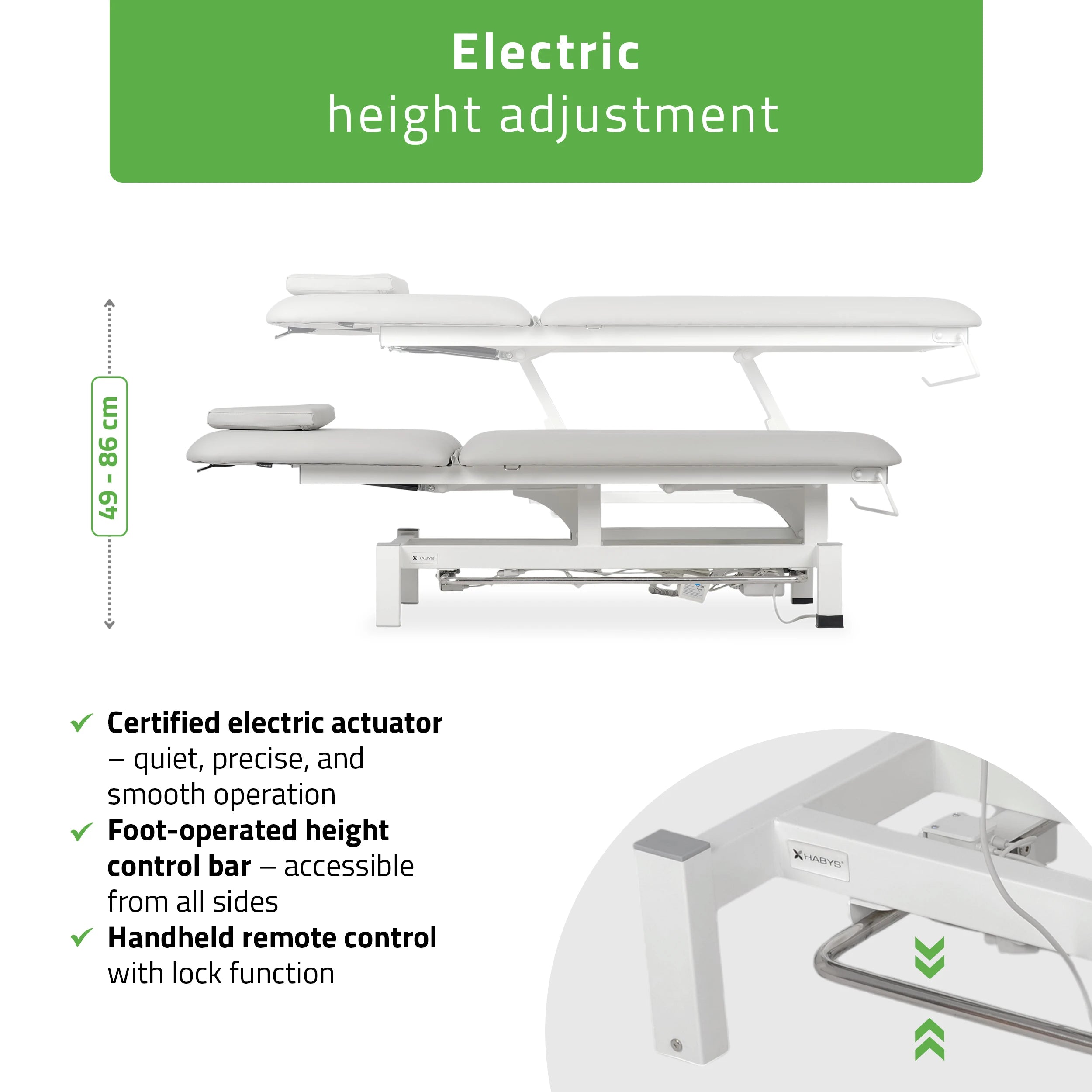 Fortis 2 treatment table, electric adjustment, foot control bar, hand remote control, head cushion, k729 light gray