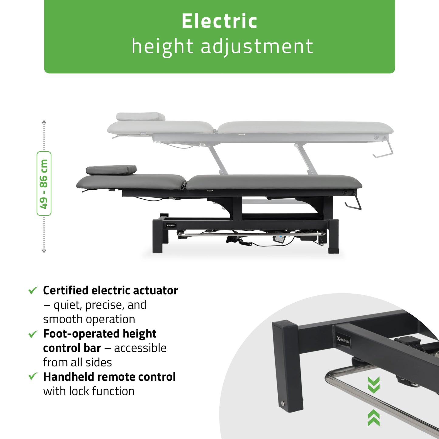 Fortis 2 treatment table, electric adjustment, foot control bar, hand remote control, head cushion, k722 gray