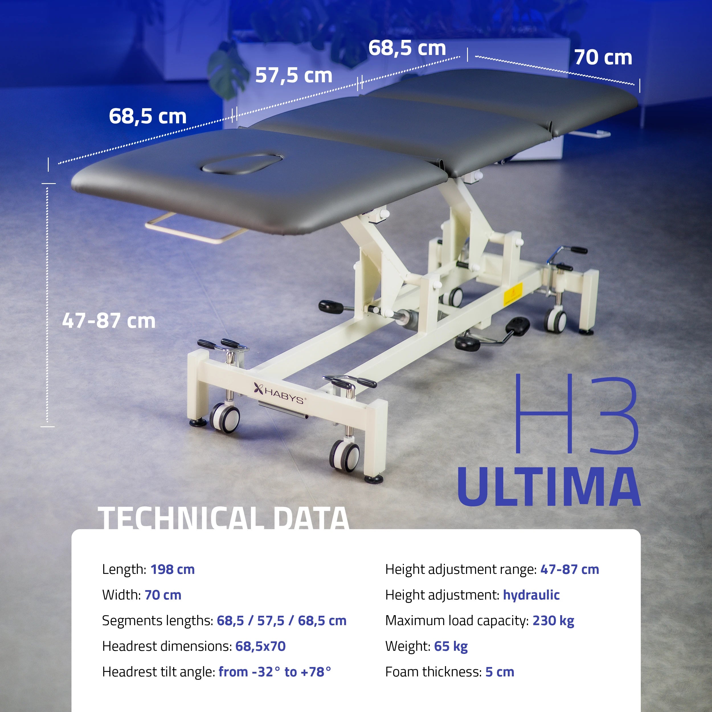 Ultima H3 Elektrische Therapieliege, hydraulische Verstellung, Rollen, PVC grau