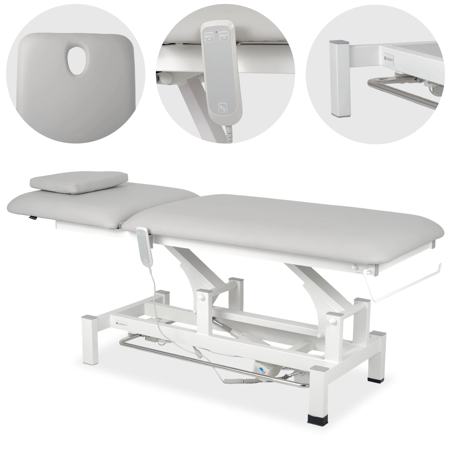 Fortis 2 treatment table, electric adjustment, foot control bar, hand remote control, head cushion, k729 light gray