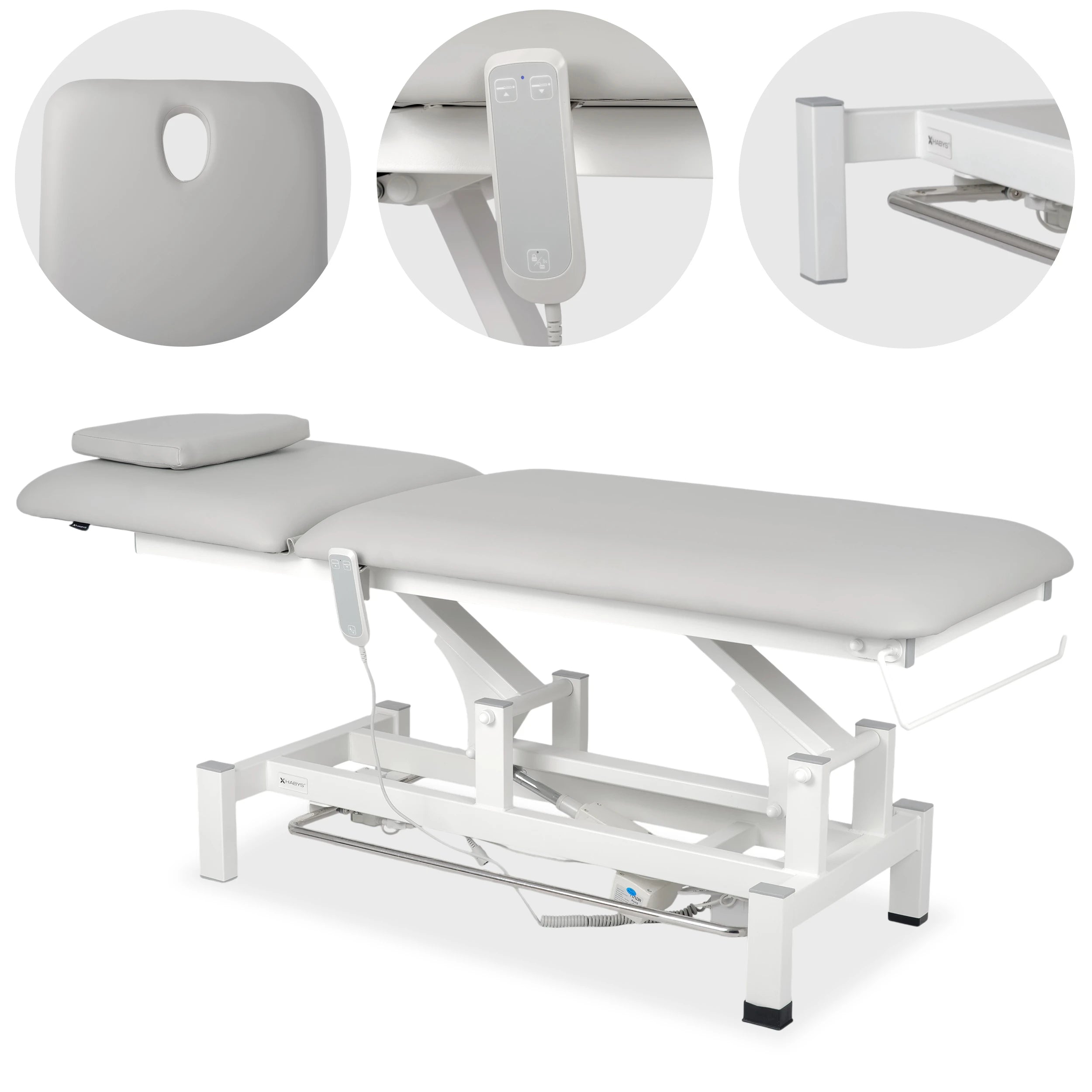 Fortis 2 treatment table, electric adjustment, foot control bar, hand remote control, head cushion, k729 light gray