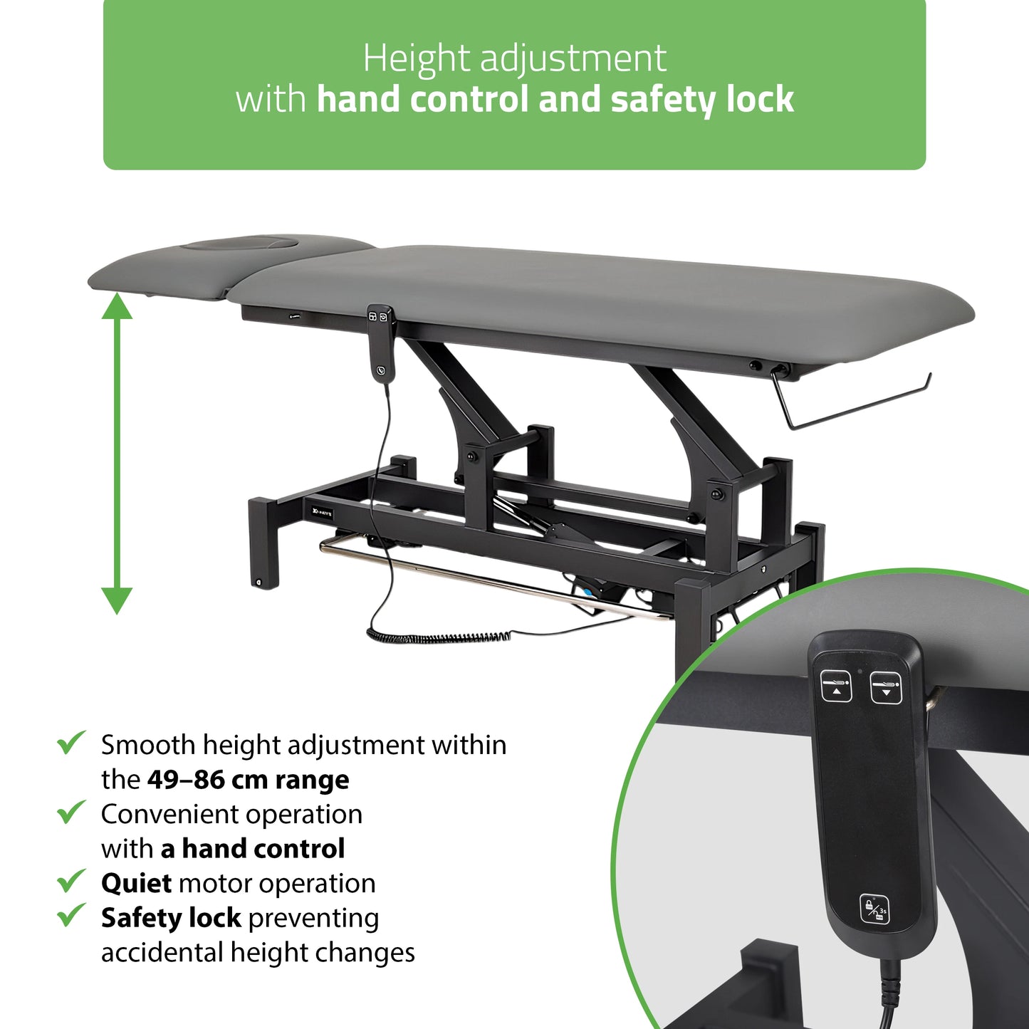 Fortis 2 ERGO Massagetafel, elektrische hoogteverstelling met voetbalkabel, ERGO kussen, K722 Grijs