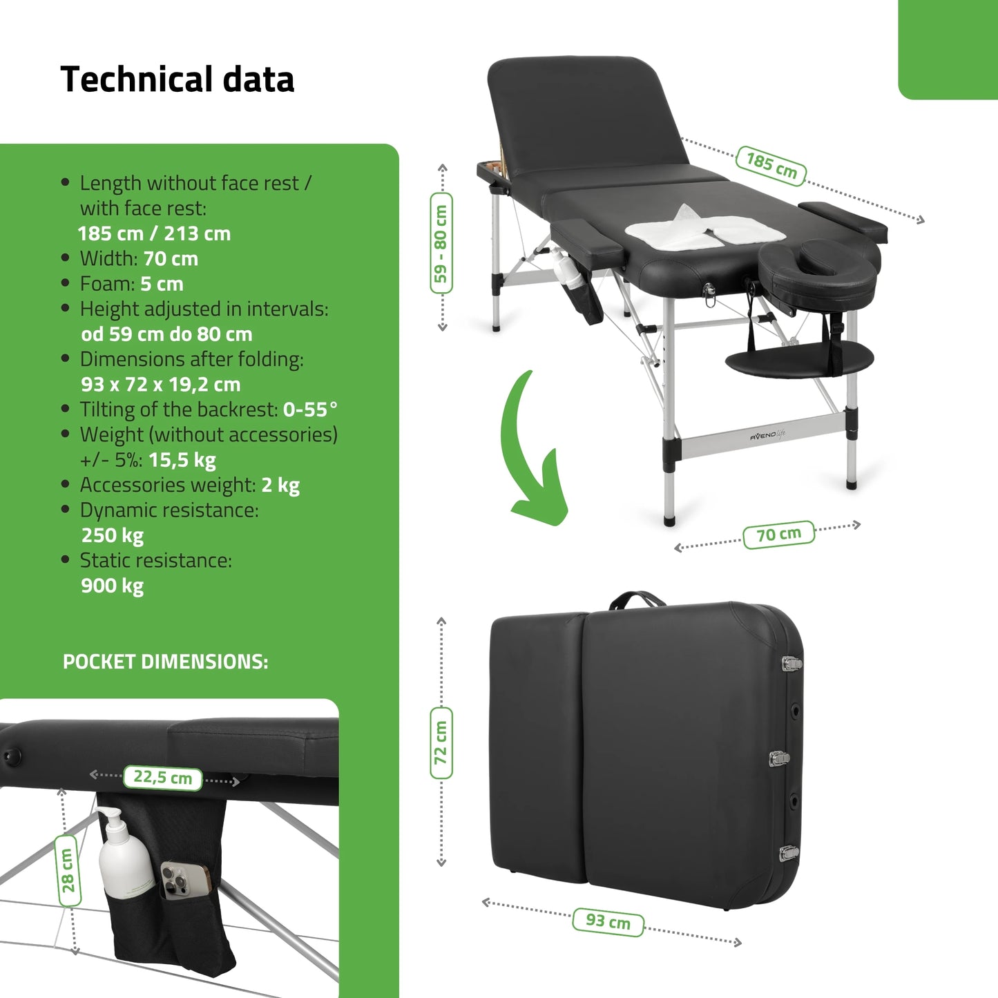 Adele 70 Comfy Base K515 Opvouwbare massagetafel, Zwart