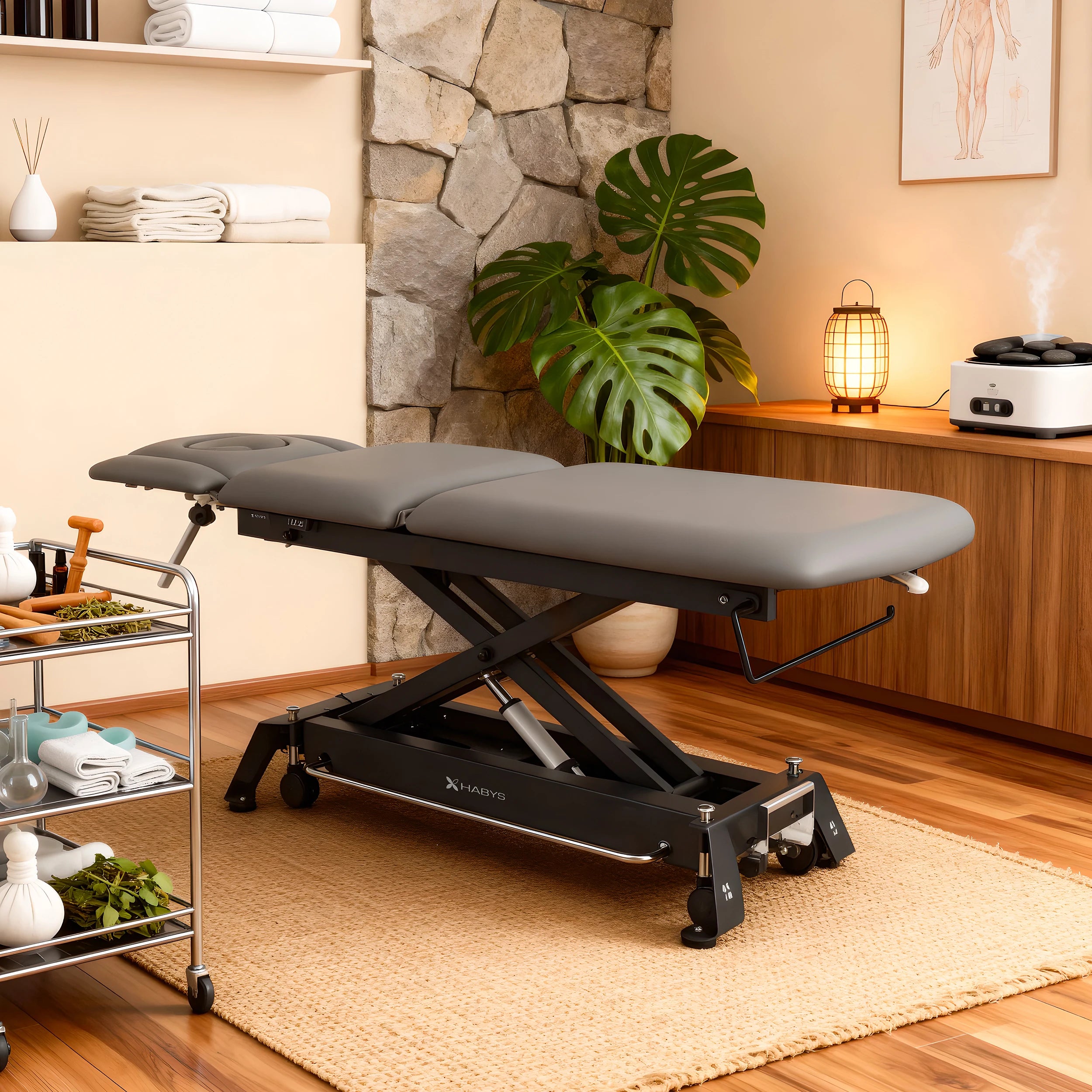 Evero Cross X5 ERGO therapietafel, elektrische hoogteverstelling, voetbediening, ERGO kussen, Satin Comfort k722 grijs