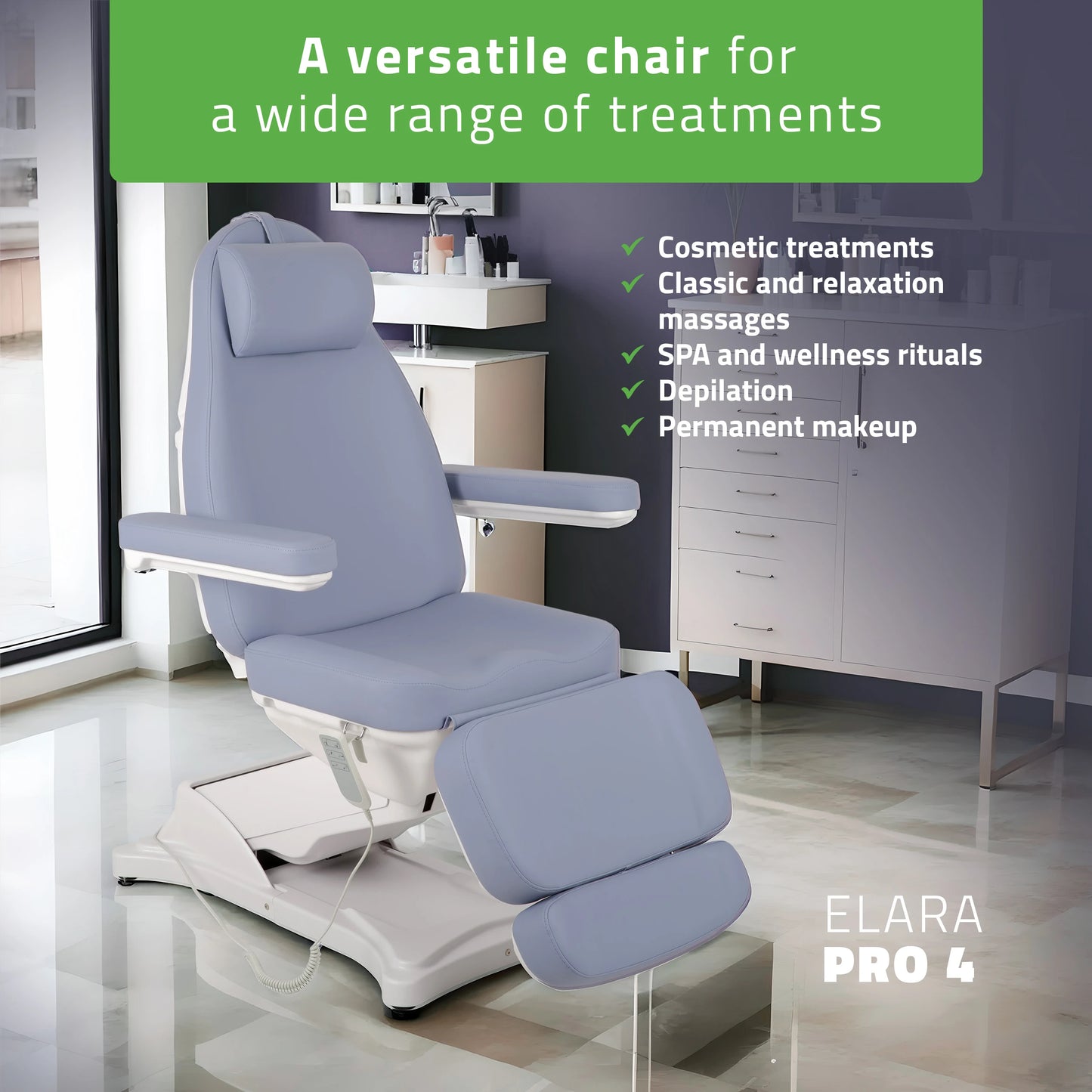 Косметологическое кресло, электрическое Elara PRO 4, фиолетовое