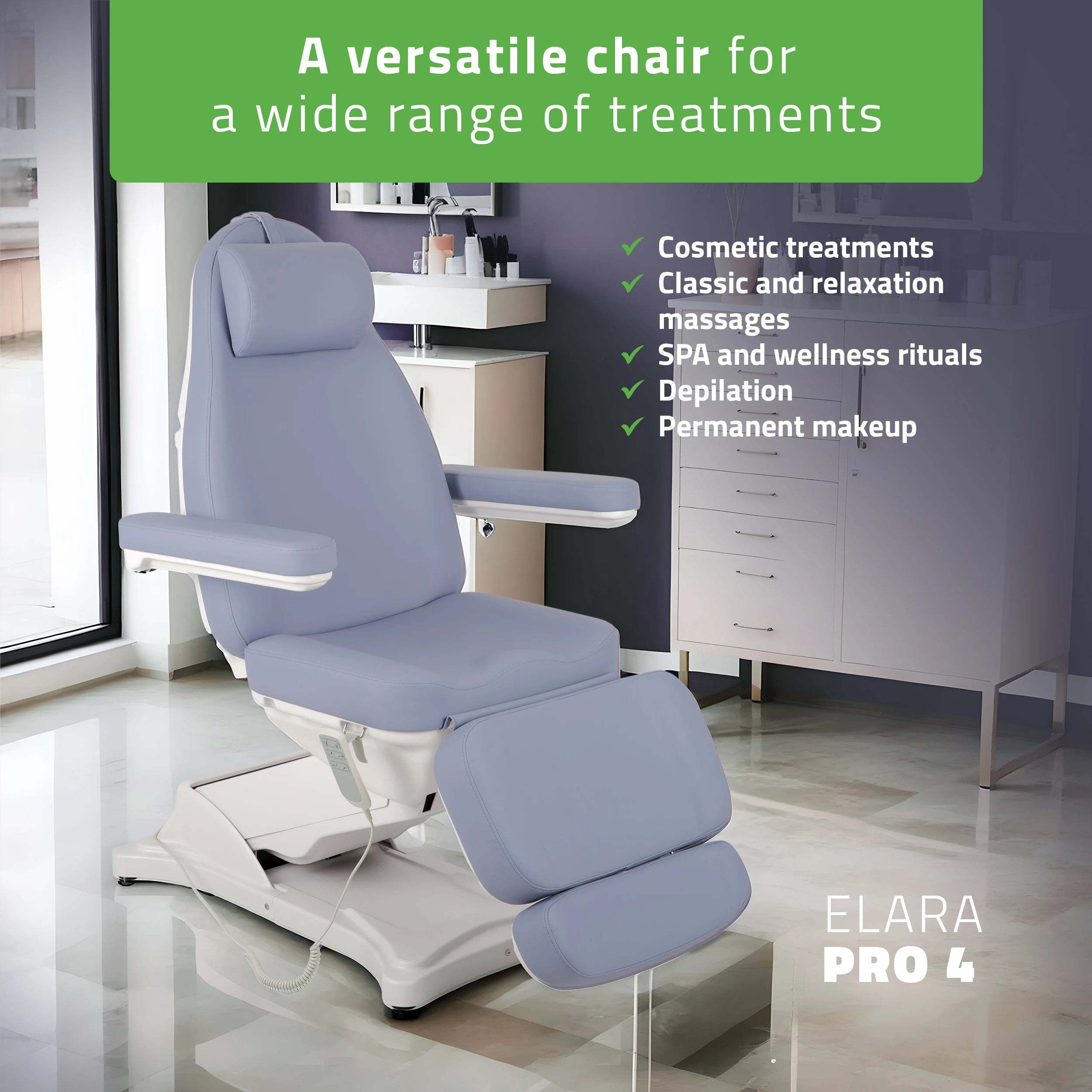 Косметологическое кресло, электрическое Elara PRO 4, фиолетовое