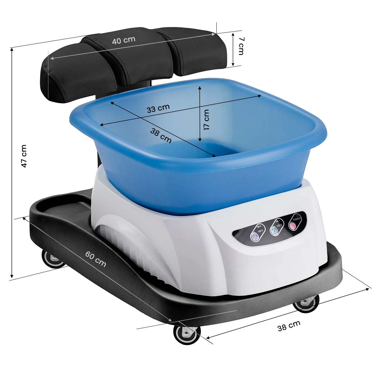 Azzurro shower tray with massager and black trolley