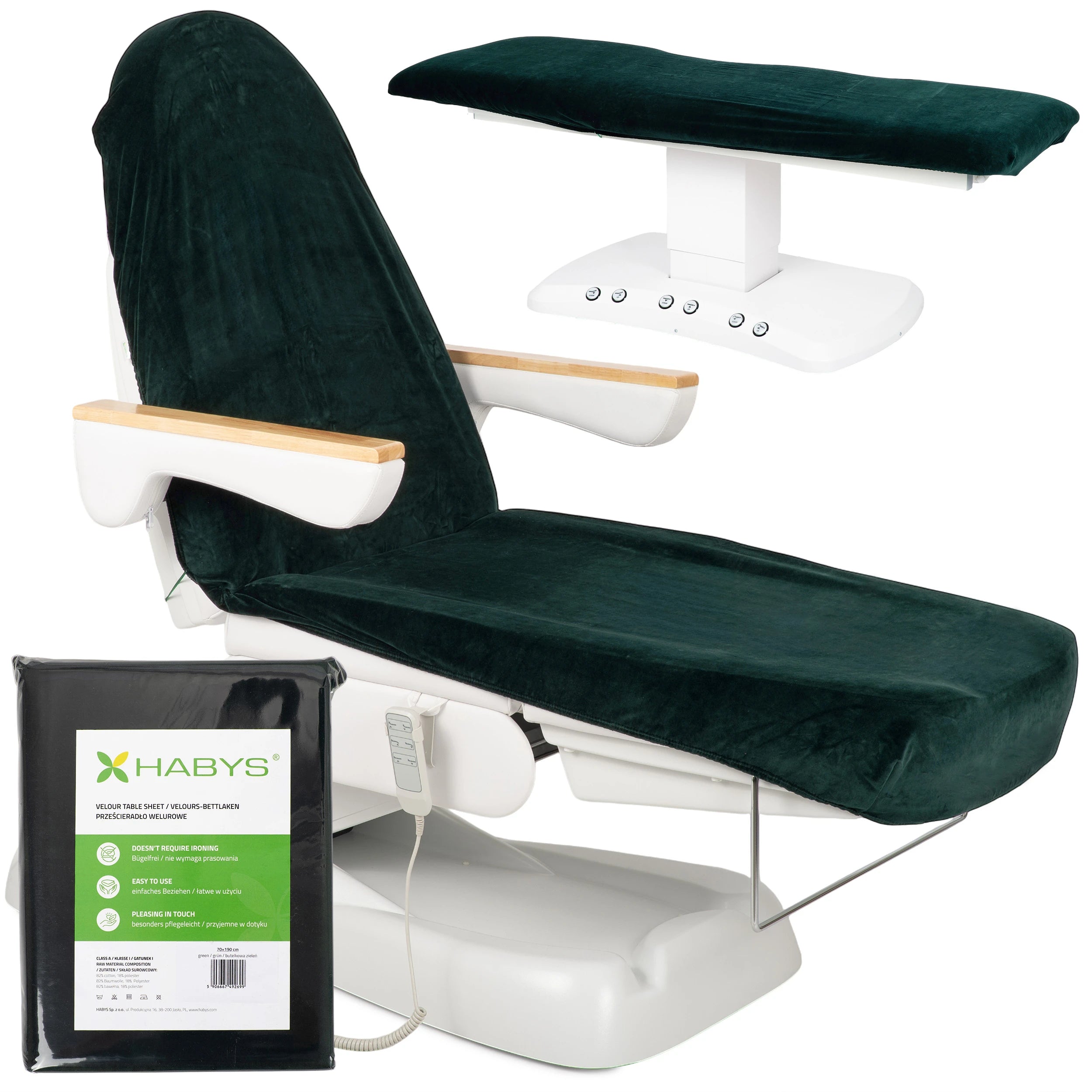 Velour sheet with elastic and ties for chaise cosmétique, 70 × 190 cm bottle vert
