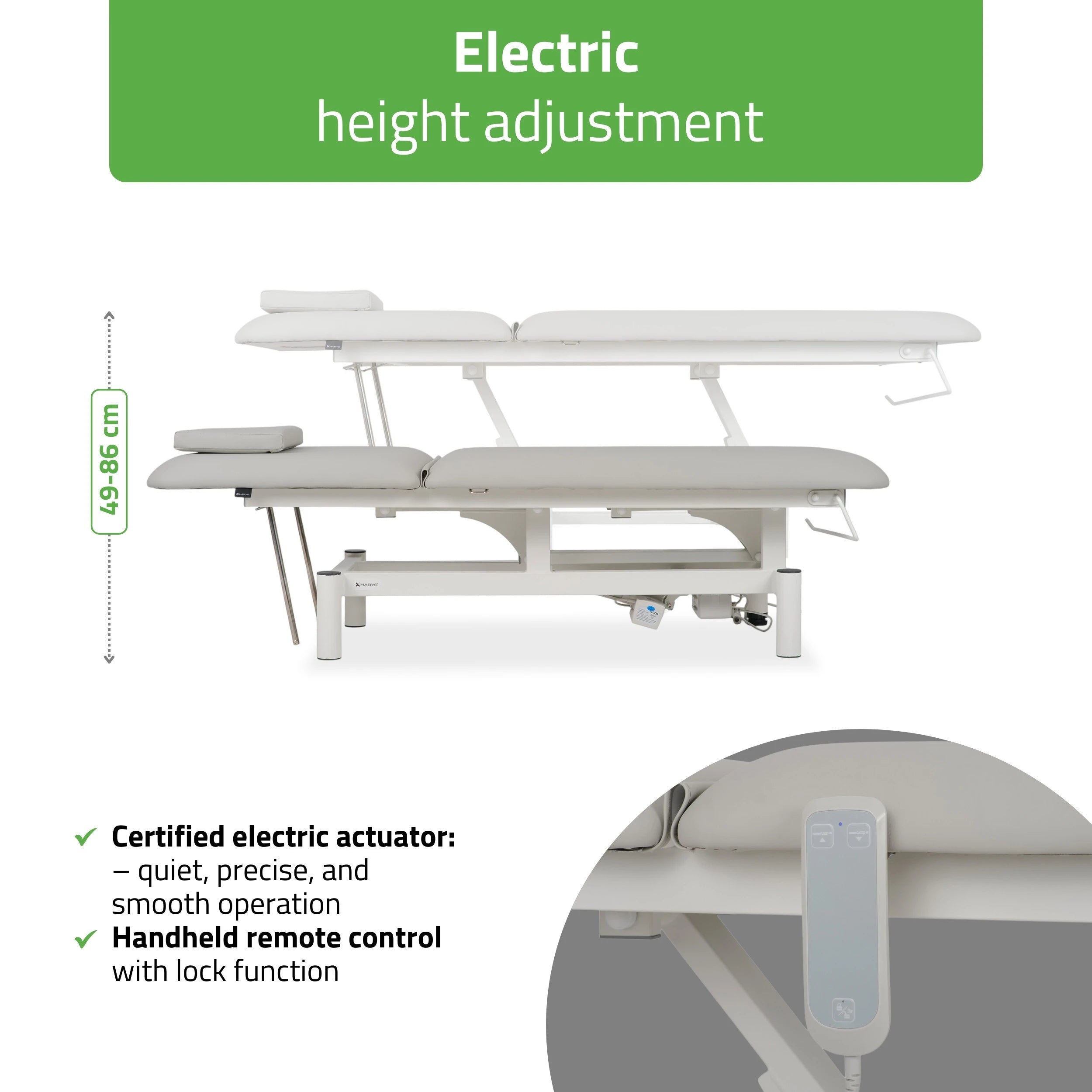 Optima Therapietafel, elektrische hoogteverstelling met handafstandsbediening, Satin Comfort k729 grijs
