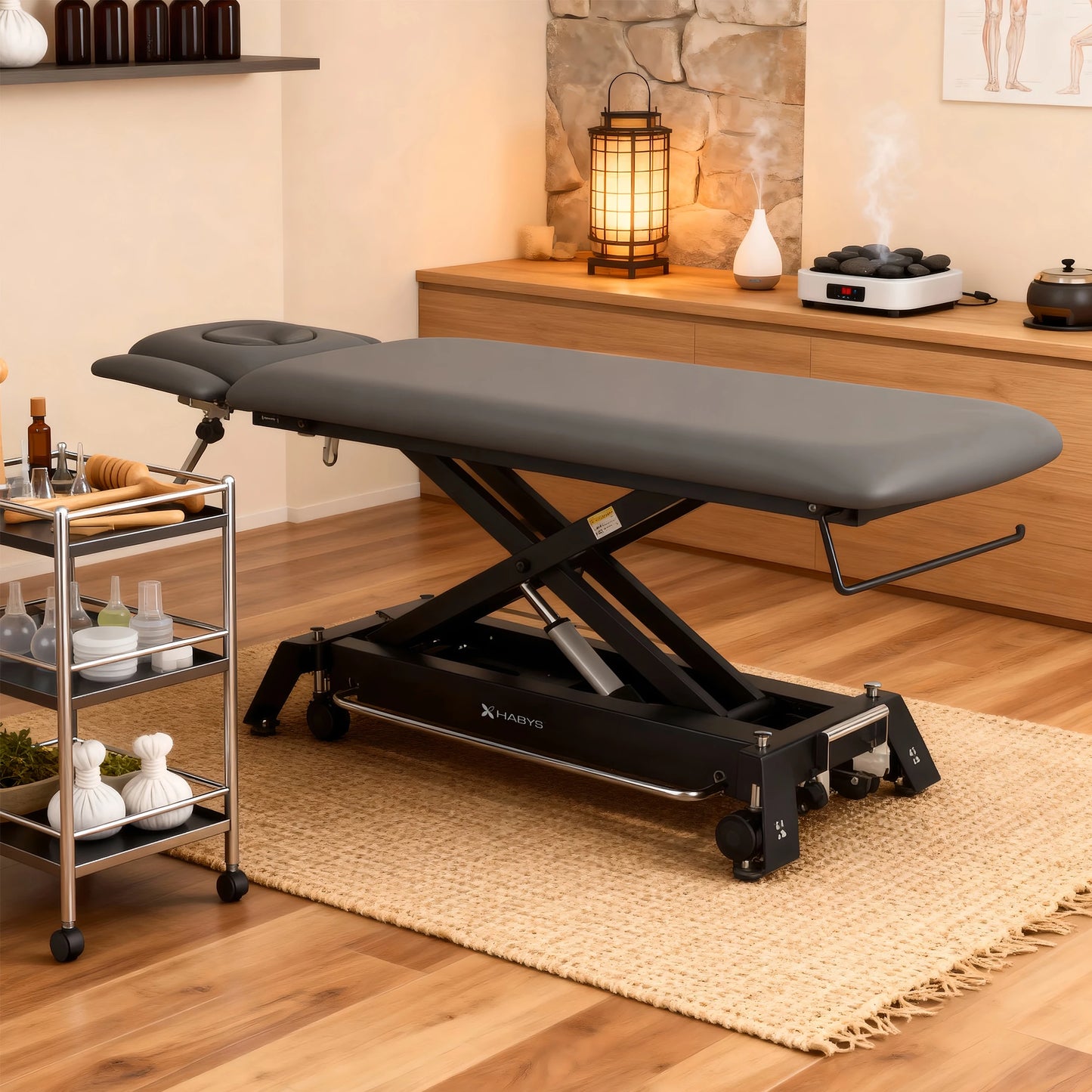 Evero Cross X4 ERGO therapietafel, elektrische hoogteverstelling, voetbediening, ERGO kussen, Satin Comfort k722 grijs