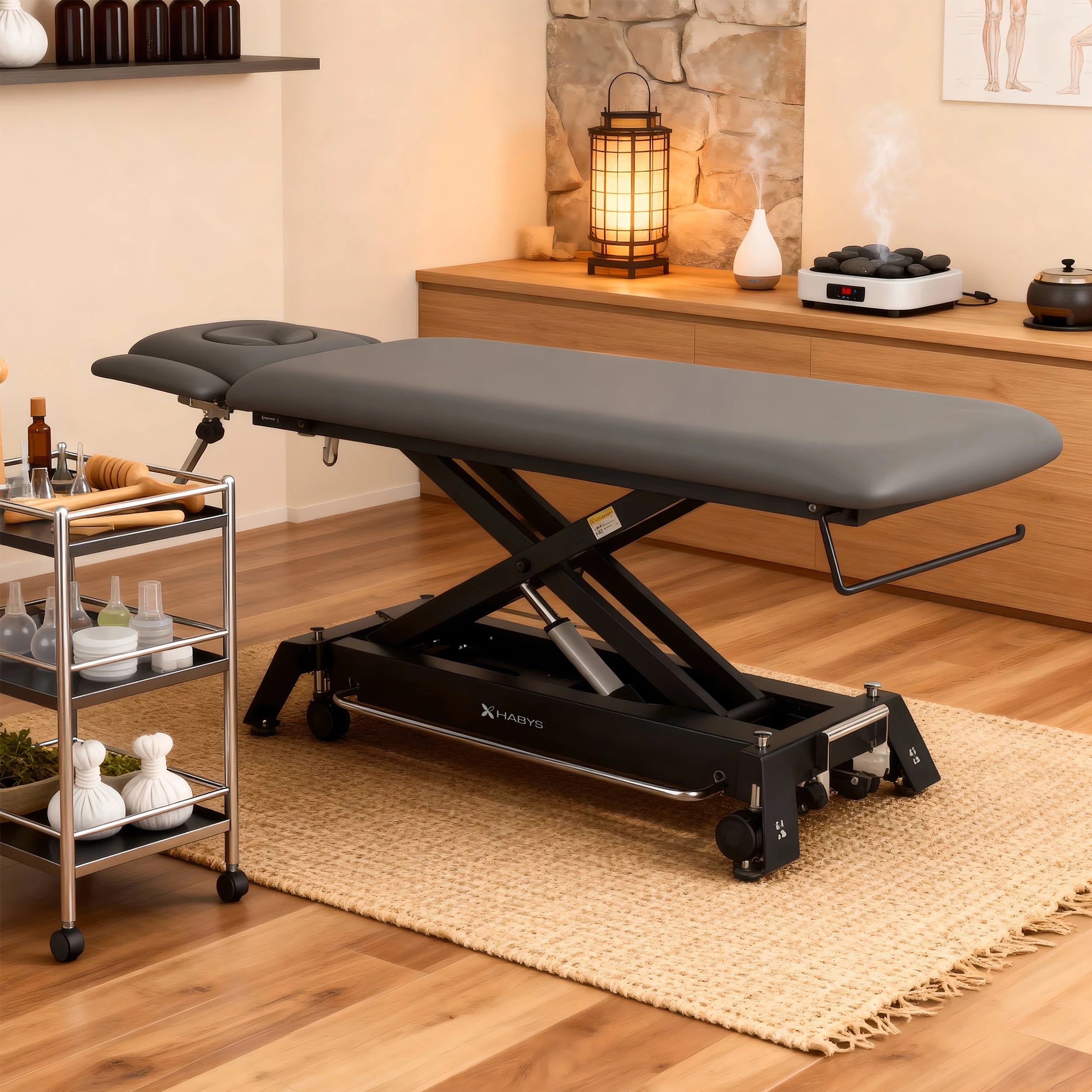 Evero Cross X4 ERGO therapietafel, elektrische hoogteverstelling, voetbediening, ERGO kussen, Satin Comfort k722 grijs