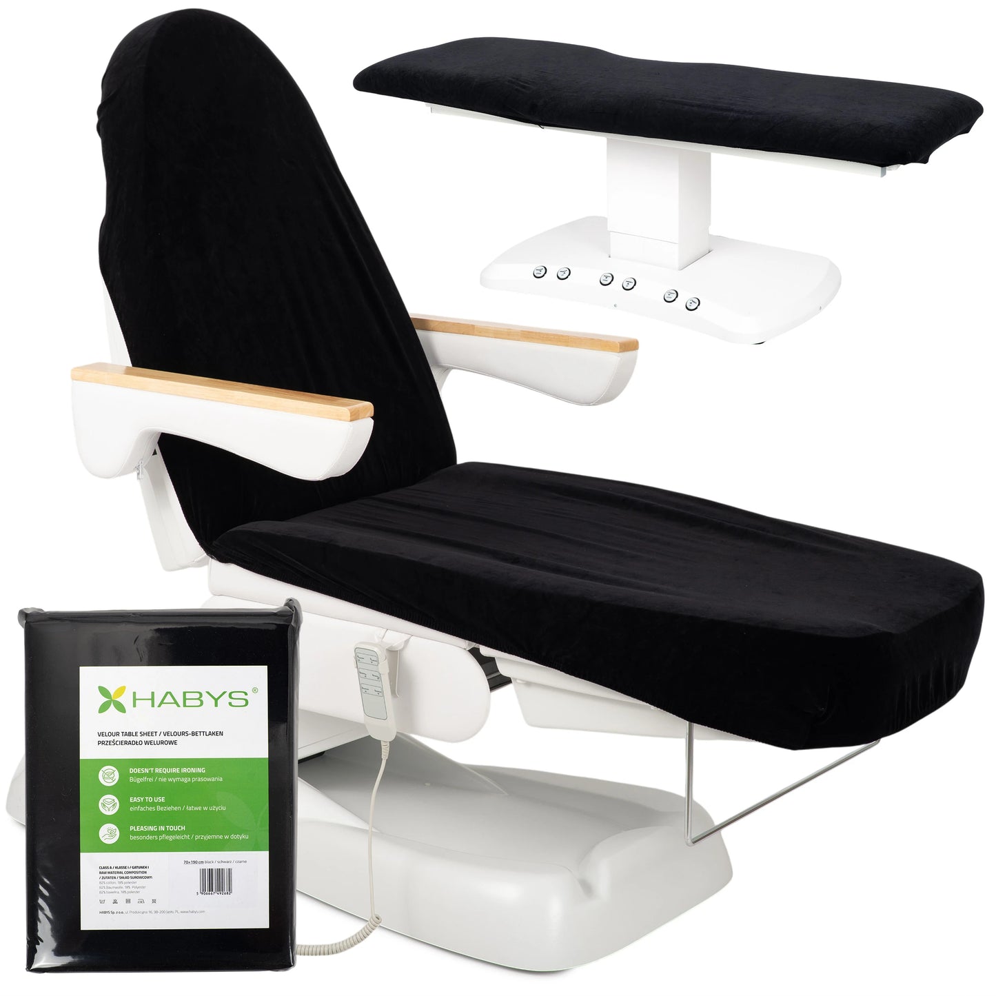 Velour sheet with elastic and ties for cosmetic chair, 70 × 190 cm black