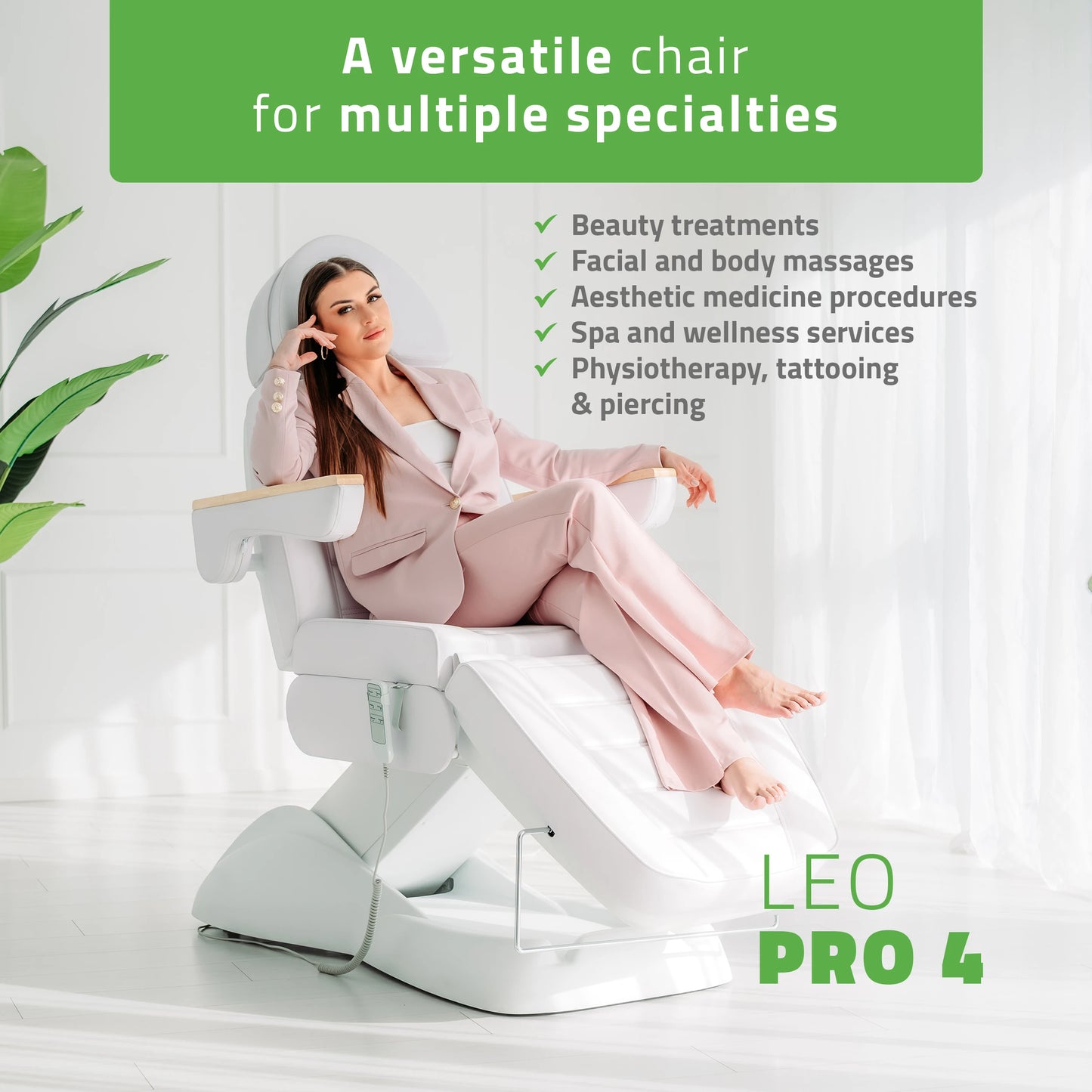 Elektriskā kosmetoloģijas krēsls - kušete Leo PRO 4 Comfy Base k501, balta
