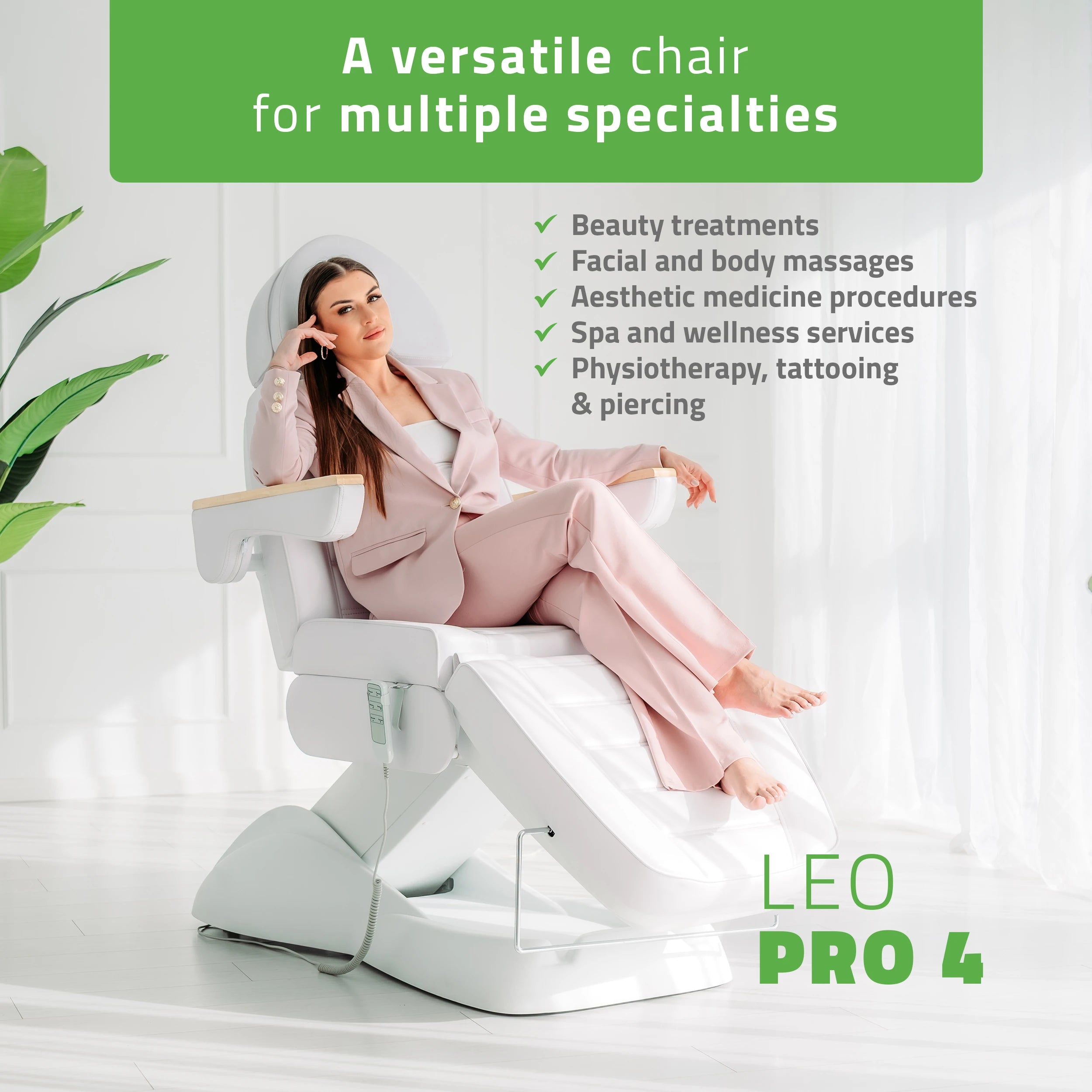 Elektriskā kosmetoloģijas krēsls - kušete Leo PRO 4 Comfy Base k501, balta