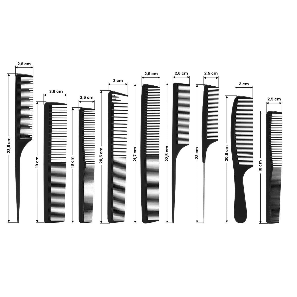 Kapperskammen carbon N-20, set 9 stuks