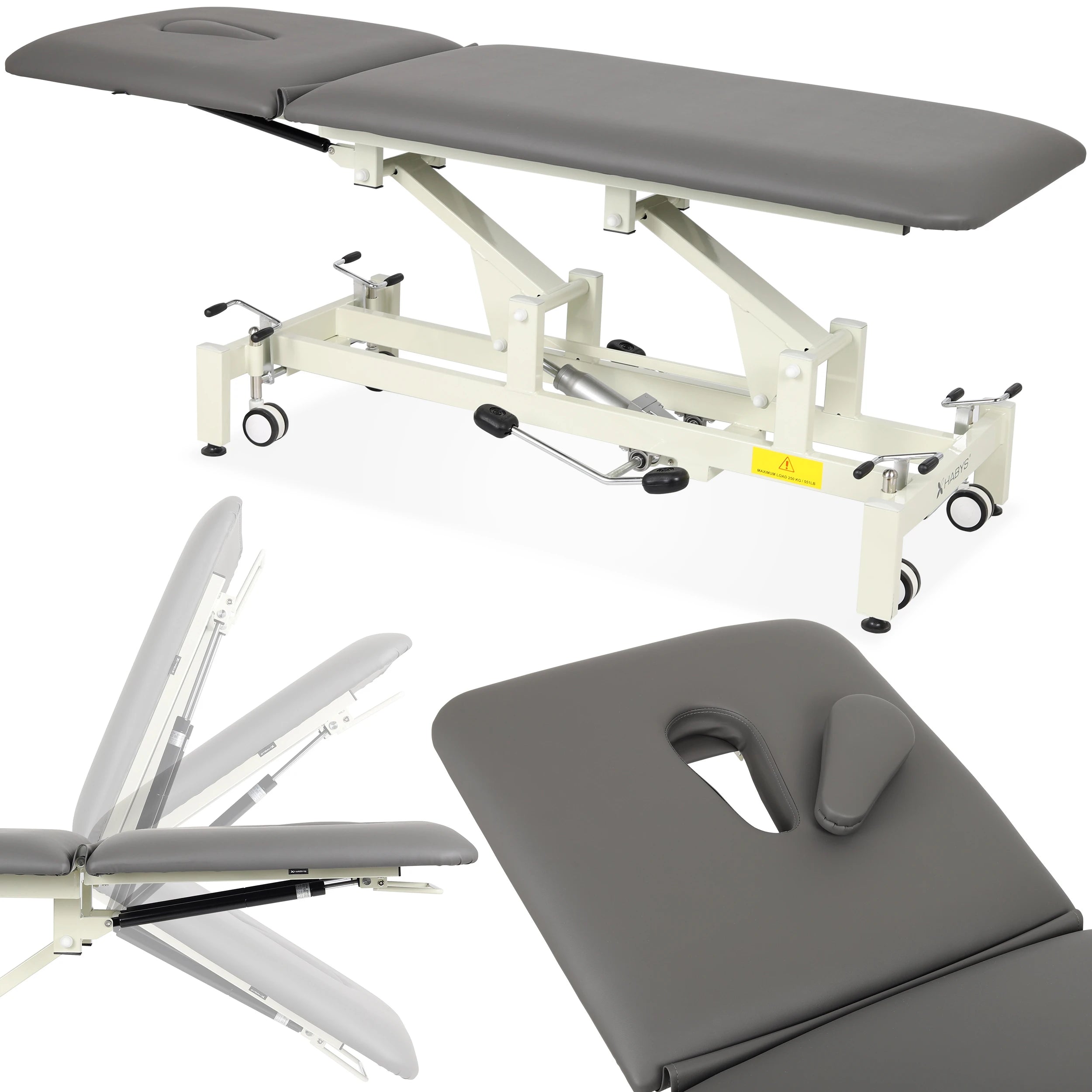 Ultima H2 therapy table, hydraulique adjustment, wheels, PVC gris