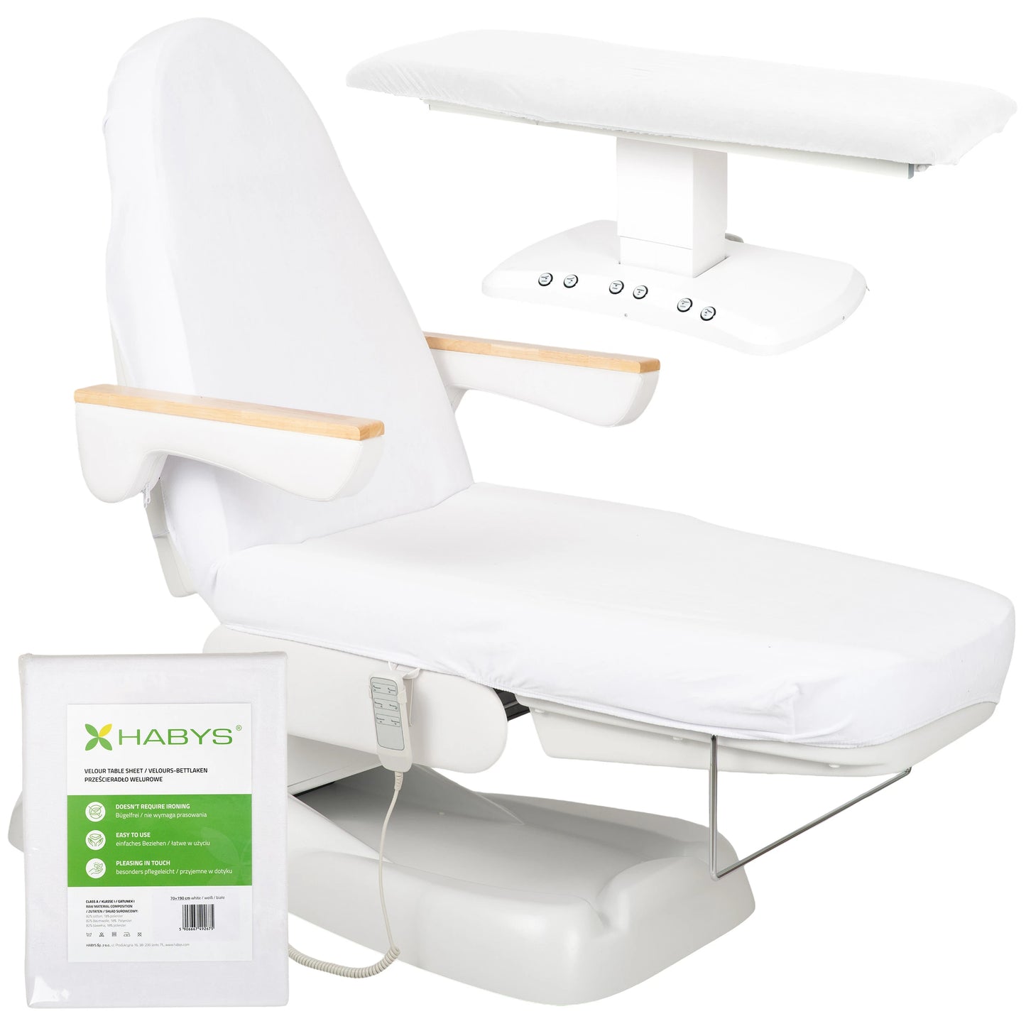 Velour sheet with elastic and ties for cosmetic chair, 70 × 190 cm white