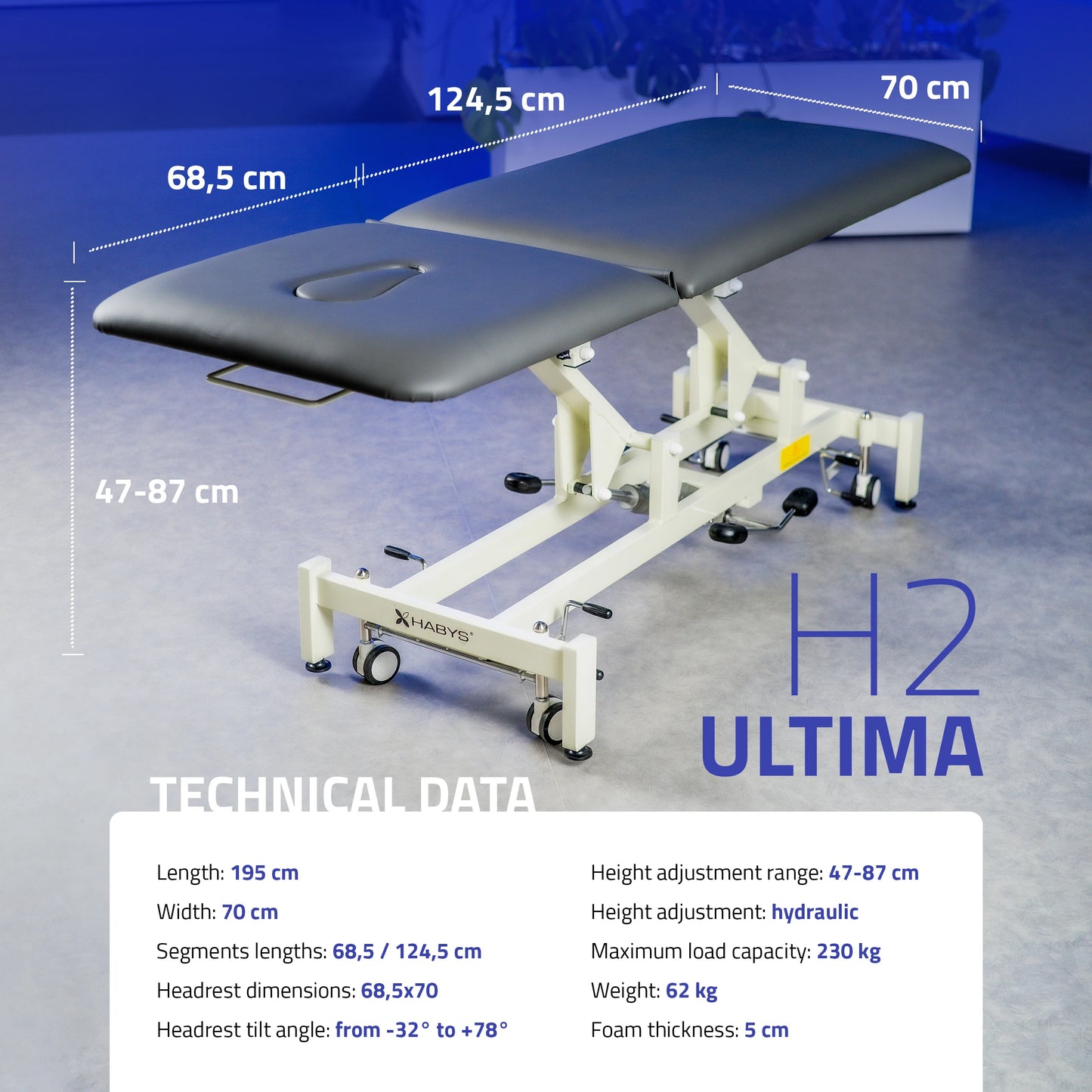 Ultima H2 therapy table, hydraulique adjustment, wheels, PVC gris