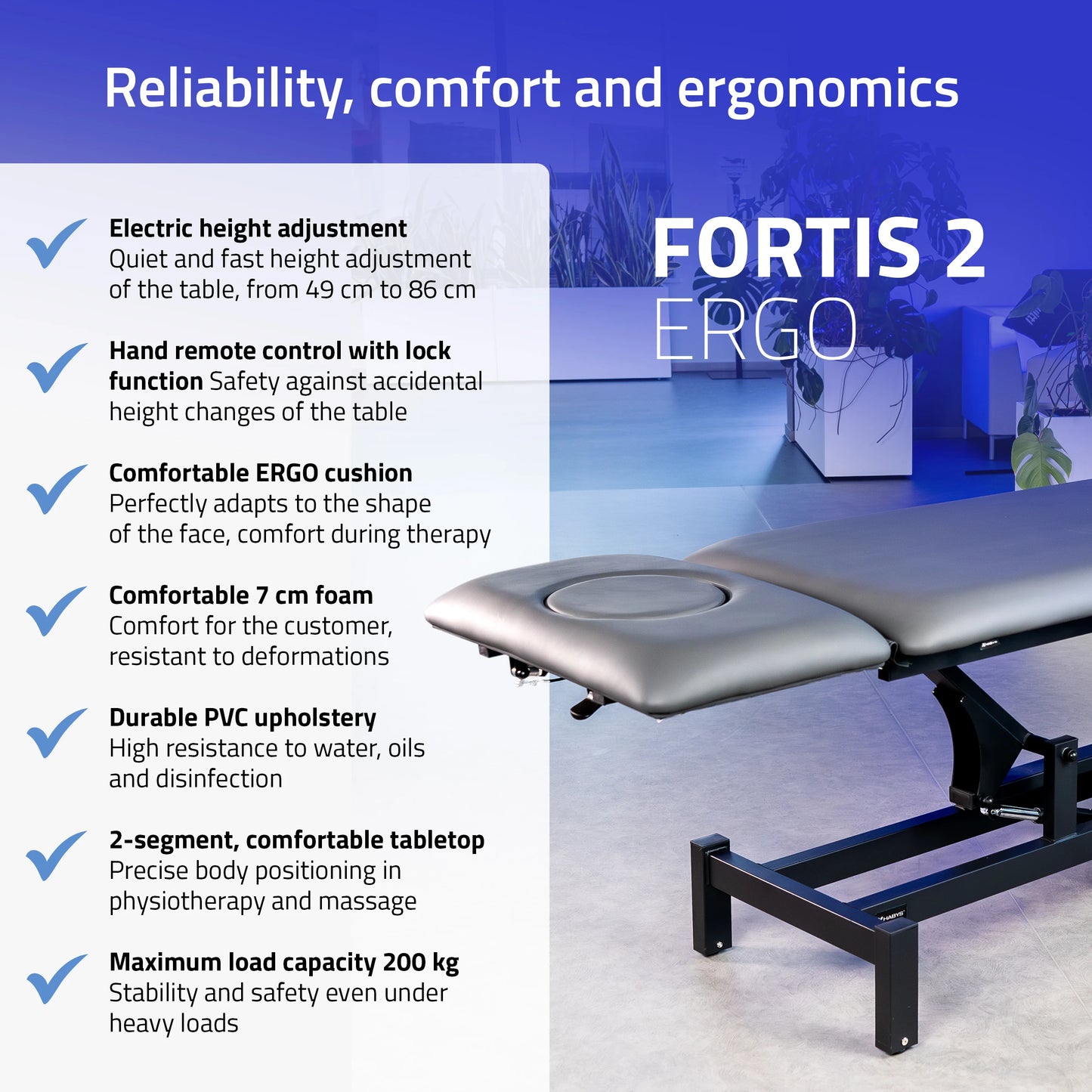 Masāžas galds Fortis 2 ERGO, elektriska augstuma regulēšana, ERGO spilvens
