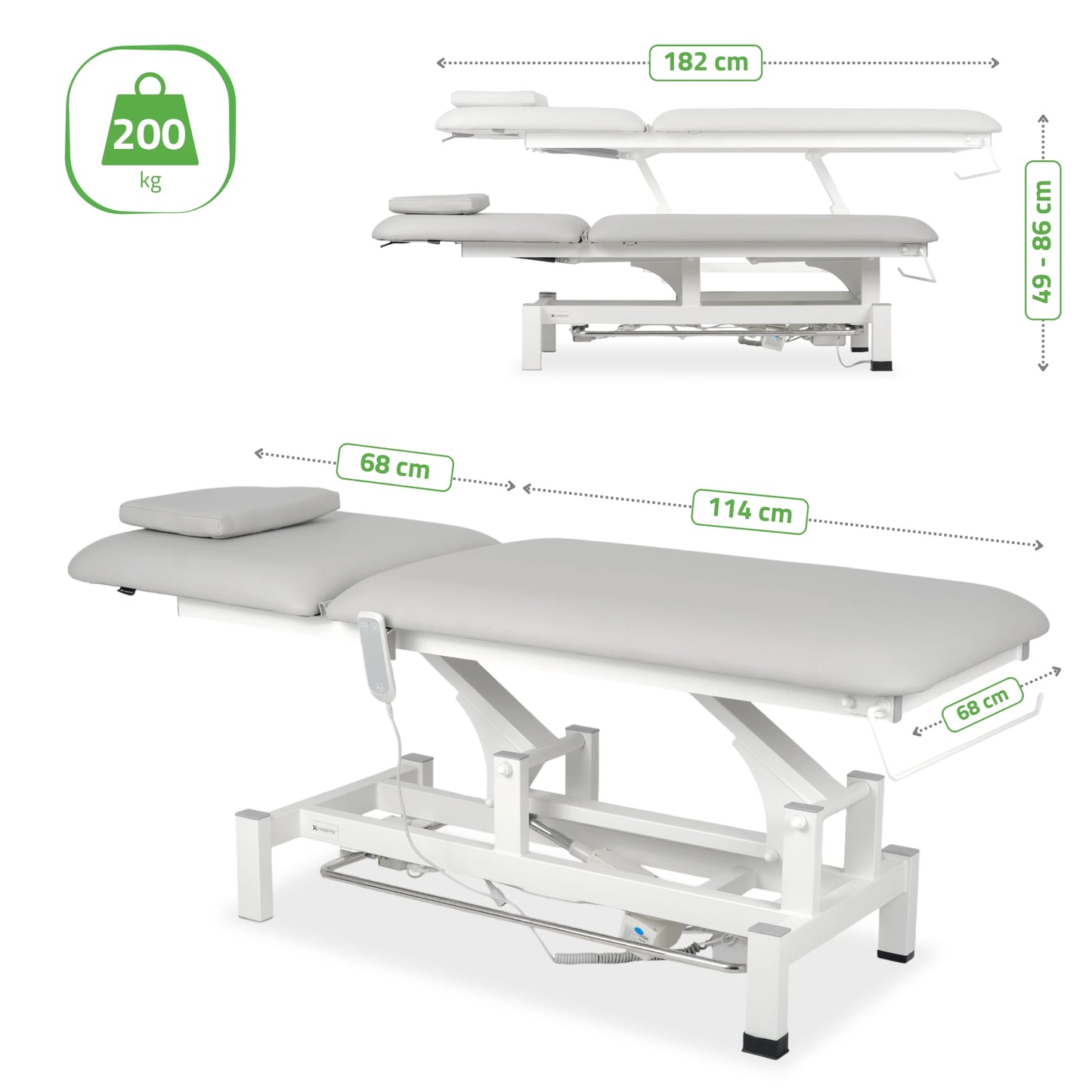 Fortis 2 treatment table, electric adjustment, foot control bar, hand remote control, head cushion, k729 light gray