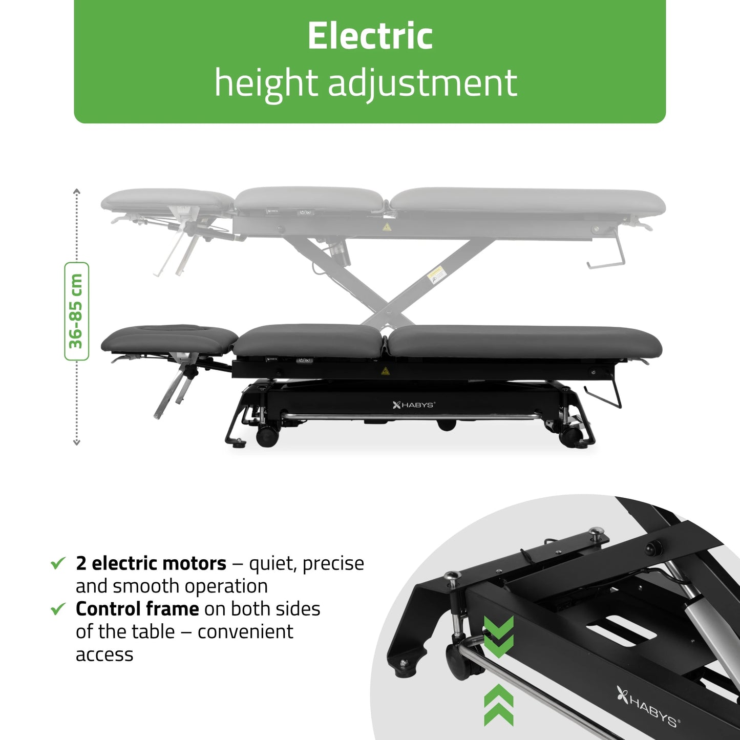 Evero Cross X5 ERGO therapietafel, elektrische hoogteverstelling, voetbediening, ERGO kussen, Satin Comfort k722 grijs