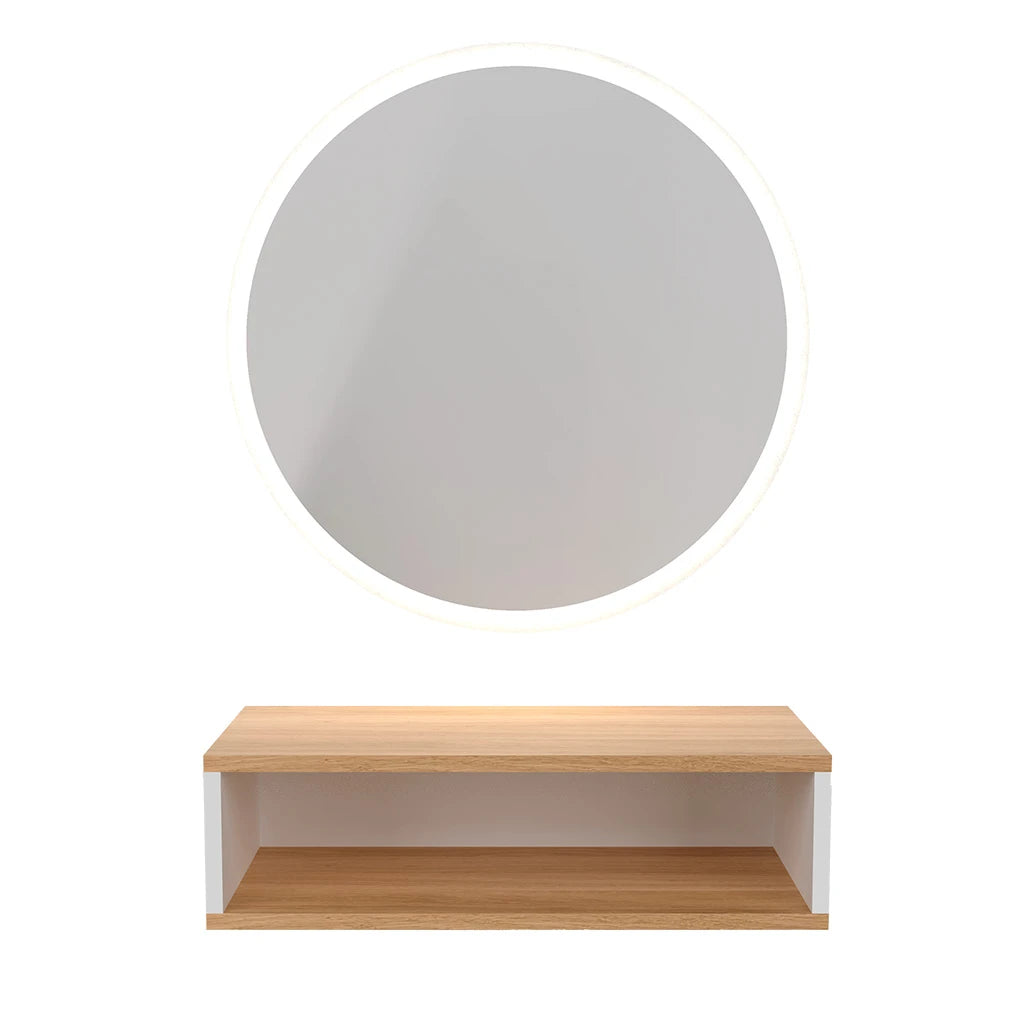 TANA Round Mirror with LED Backlight and Oak Drawer
