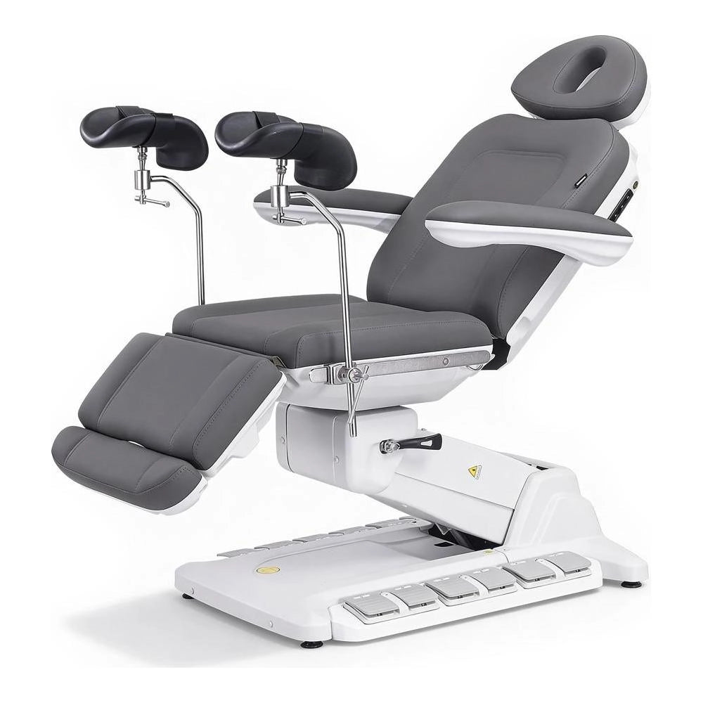 SIMUS GYN – Electric gynecological chair with 4 independent motors, upholstered in PU Gray color, with gynecological stirrups.