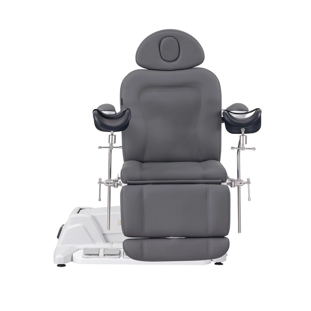 SIMUS GYN – Electric gynecological chair with 4 independent motors, upholstered in PU Gray color, with gynecological stirrups.