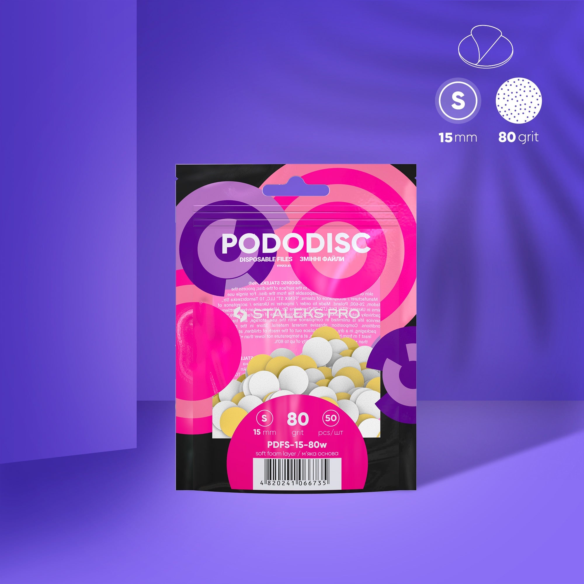 Staleks Expert 15 Pododisc S Adhesive faili pedikīrai diskā uz mīksta putuplasta slāņa, 80 griti 15 mm (50 gab.)