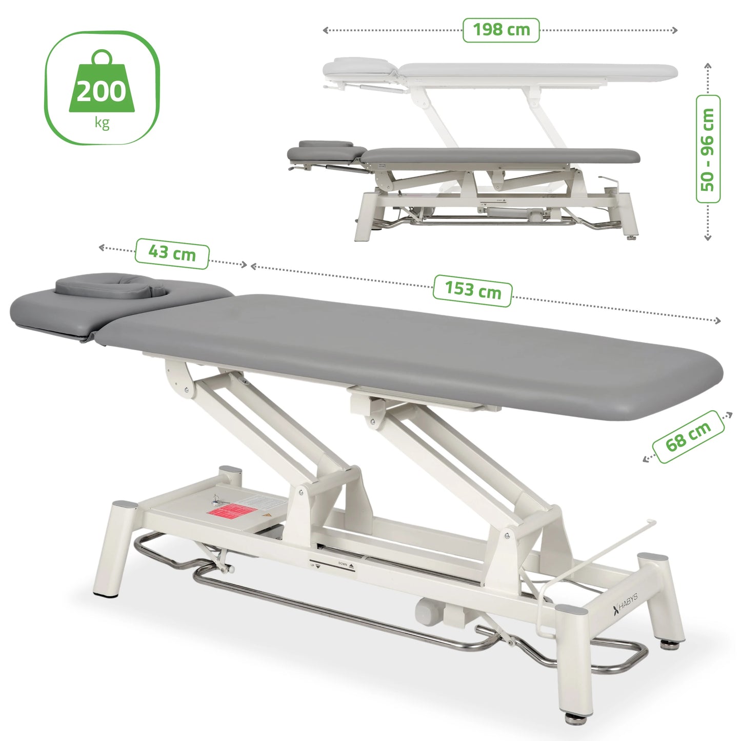 Proxima V2 Ergo therapy table, electric height adjustment with foot control bar, ERGO cushion, Touch Core k322 gray