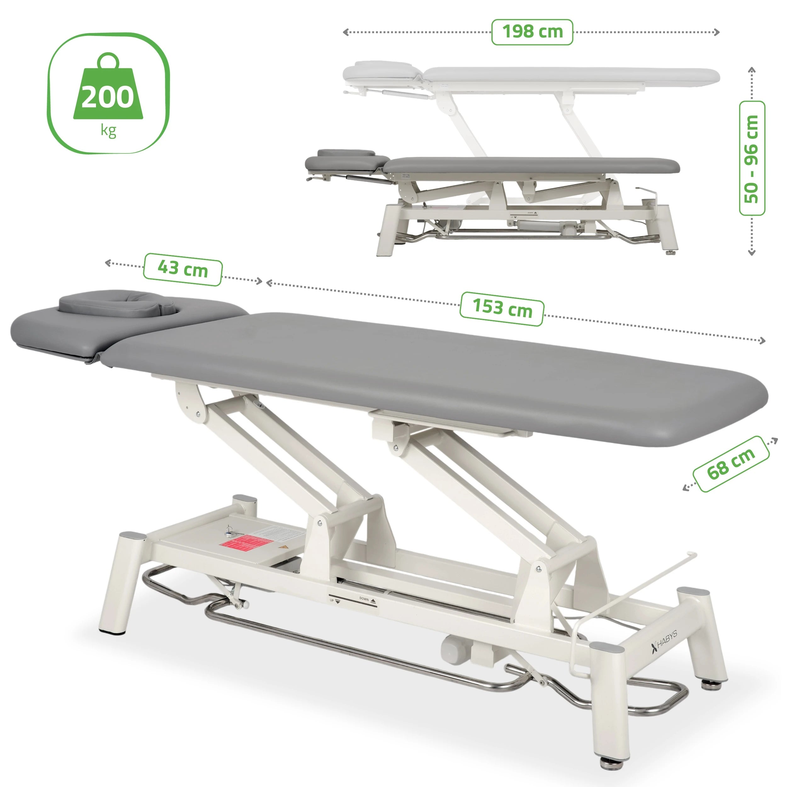 Proxima V2 Ergo therapy table, electric height adjustment with foot control bar, ERGO cushion, Touch Core k322 gray