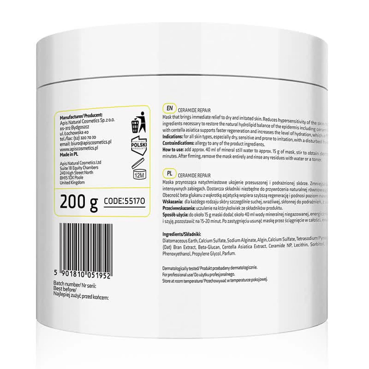 Apis CERAMIDE REPAIR Rahustav vetikamask keramiidide ja beeta-glükaaniga, 200 g