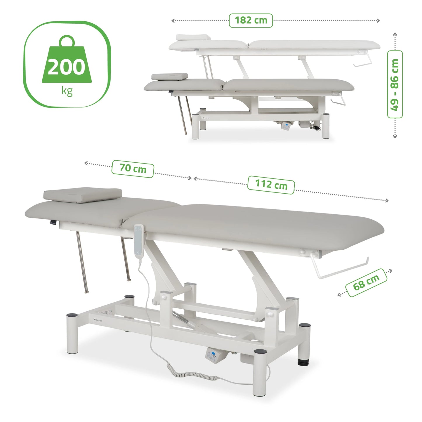Optima Therapietafel, elektrische hoogteverstelling met handafstandsbediening, Satin Comfort k729 grijs