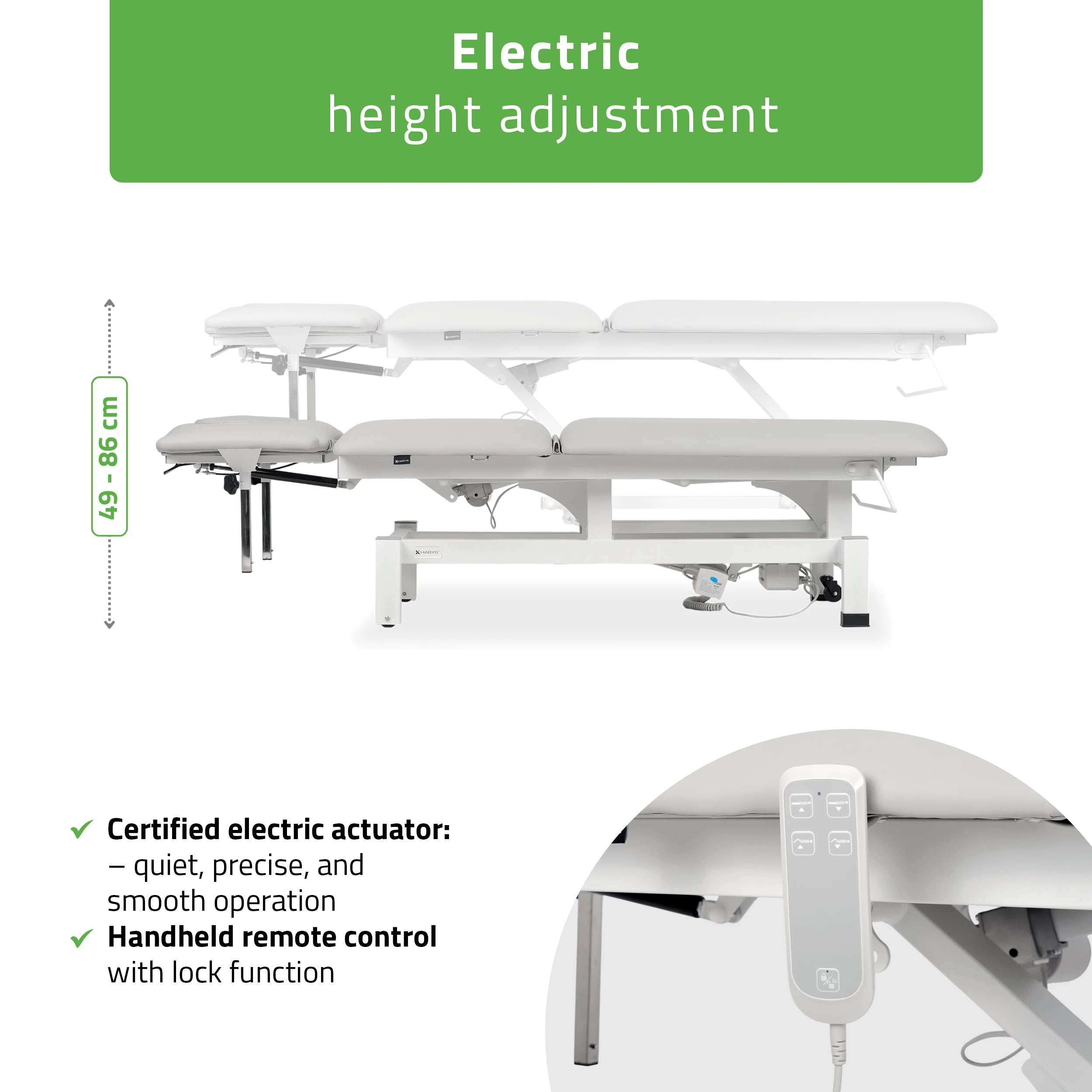 Fortis 5 ERGO treatment table, electric height adjustment with hand remote control, ERGO cushion, k729 light gray