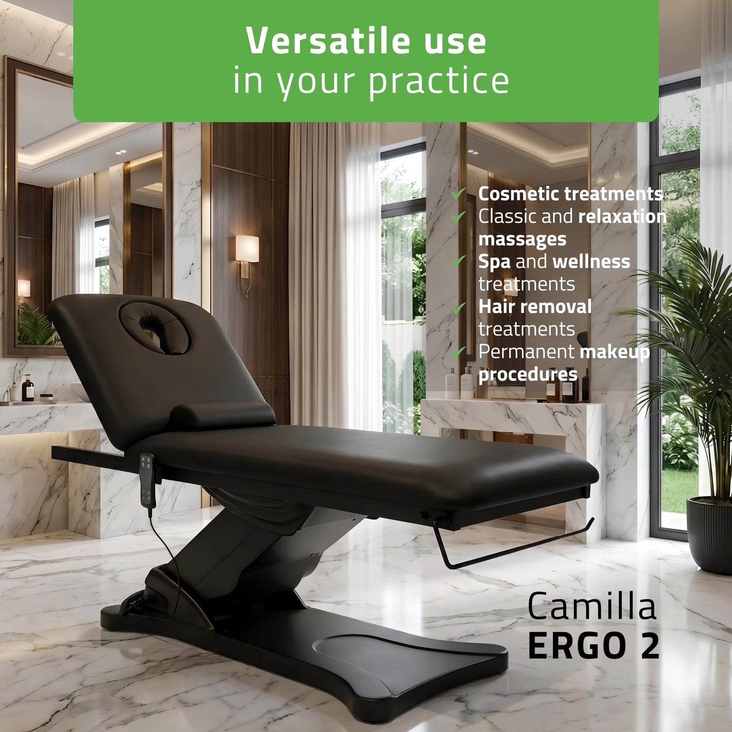 Camilla ERGO 2 electric heated beauty bed for massage and SPA treatments Satin Comfort k715 black
