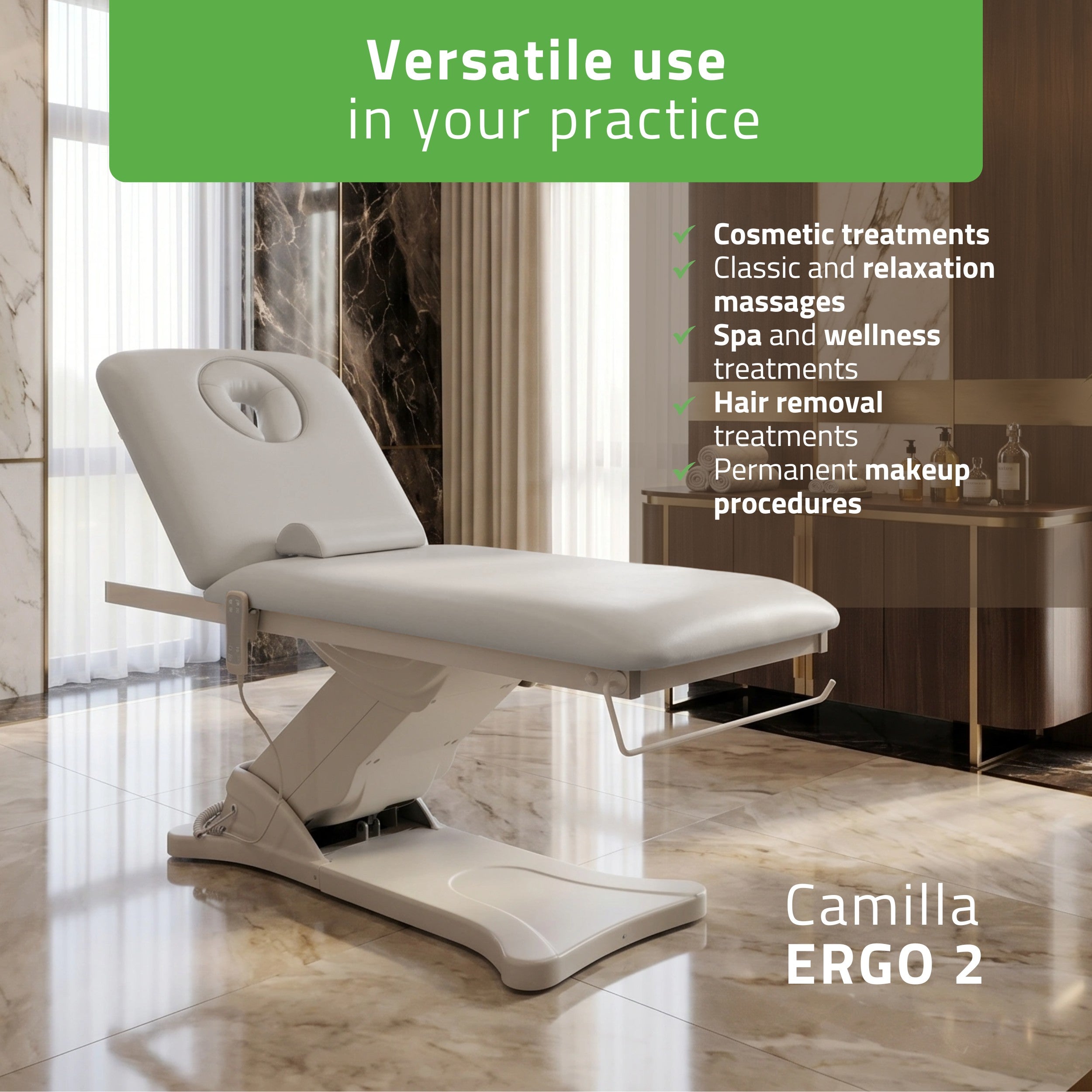 Camilla ERGO 2 electric heated beauty bed for massage and SPA treatments Satin Comfort k722 grey