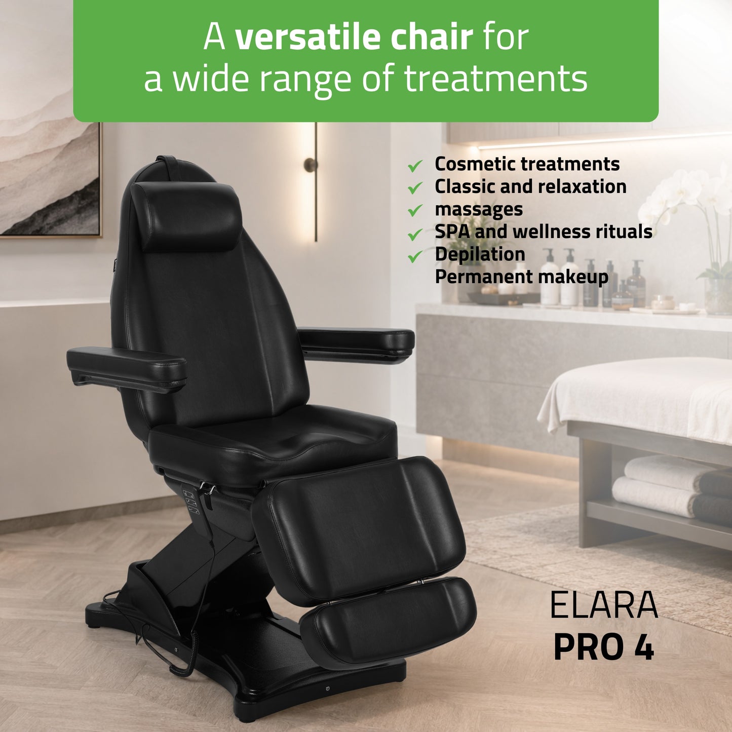 Cosmetic treatment chair, electric Elara PRO 4, black