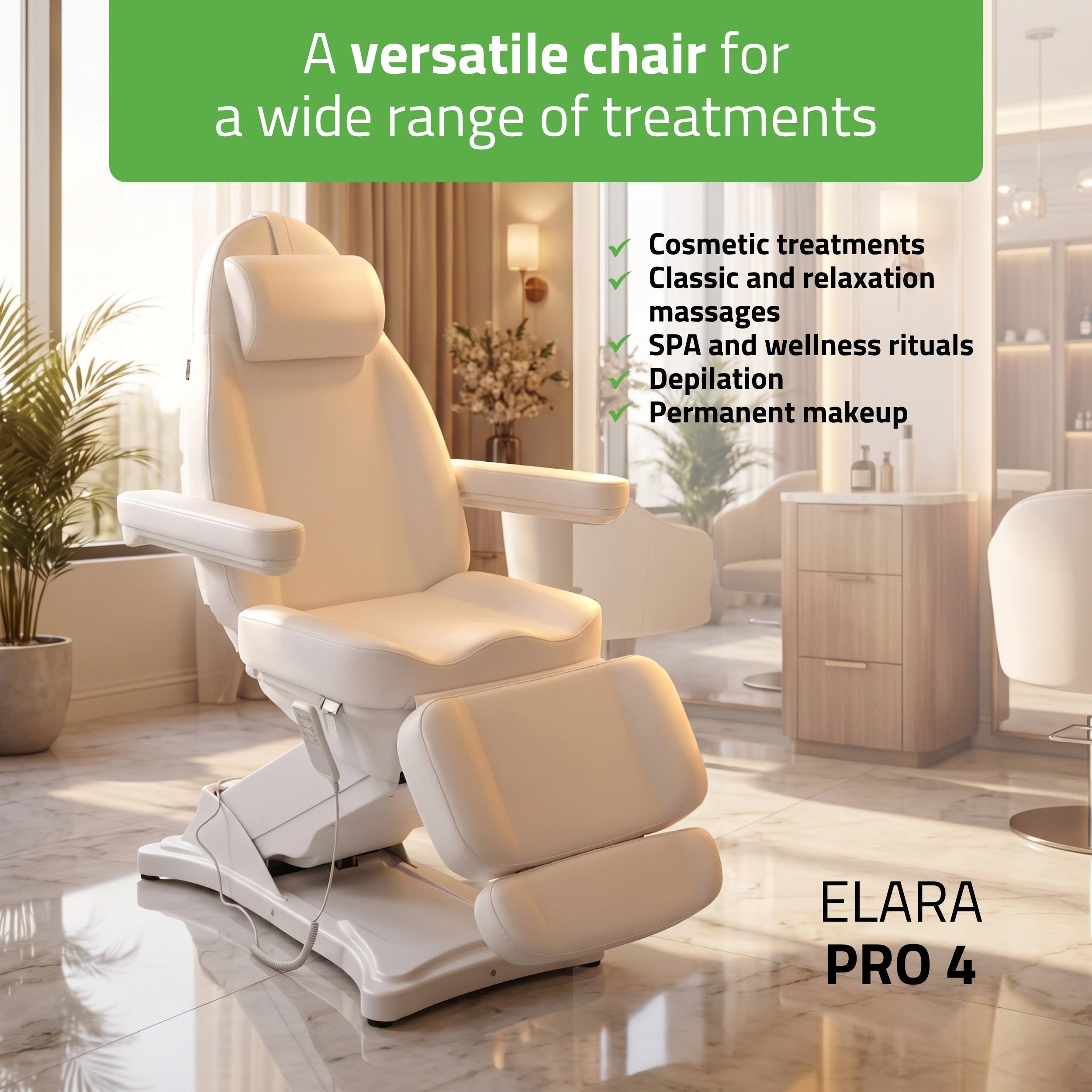 Cosmetic treatment chair, electric Elara PRO 4, white