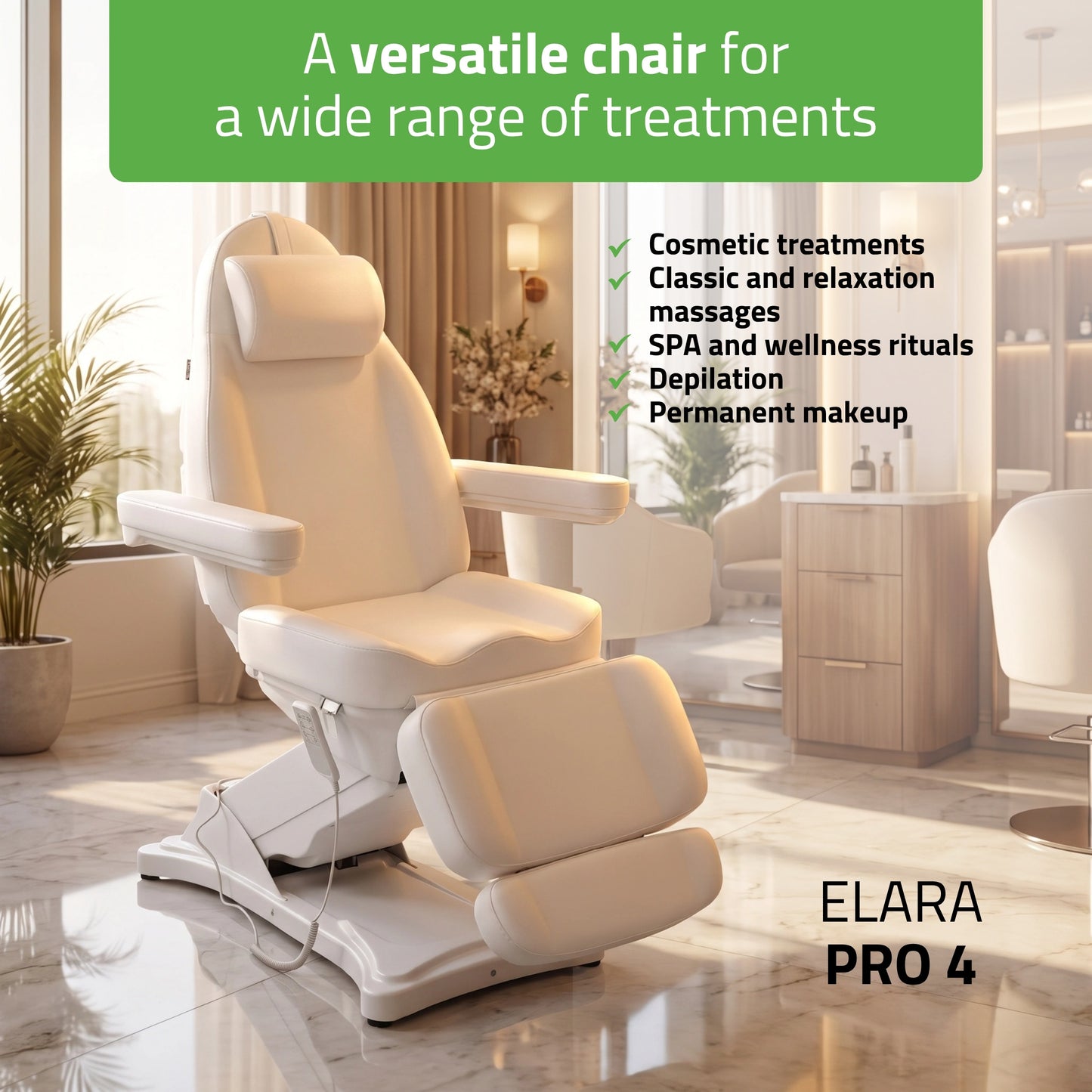 Cosmetic treatment chair, electric Elara PRO 4, white