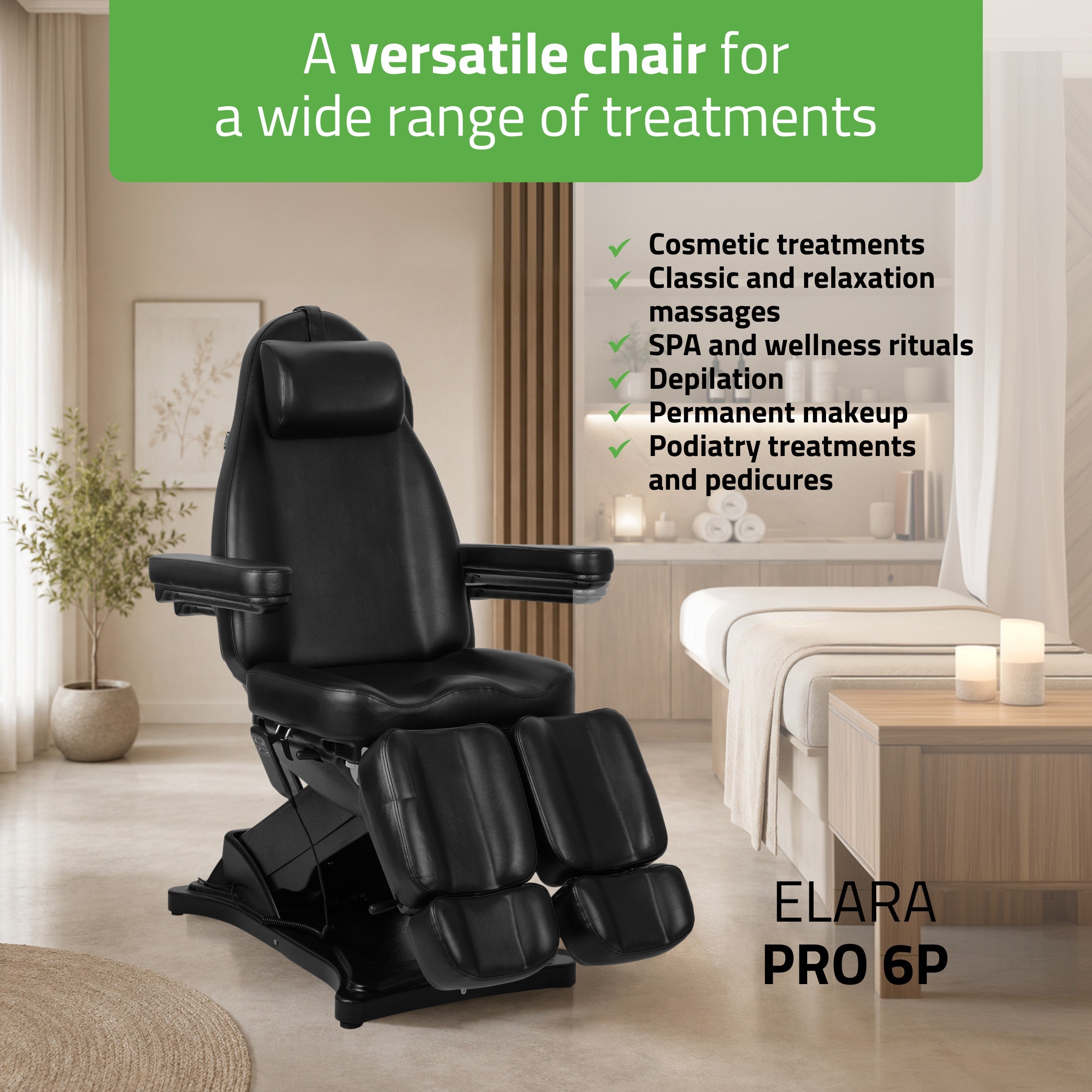 Cosmetic treatment chair, electric Elara PRO 6P, black