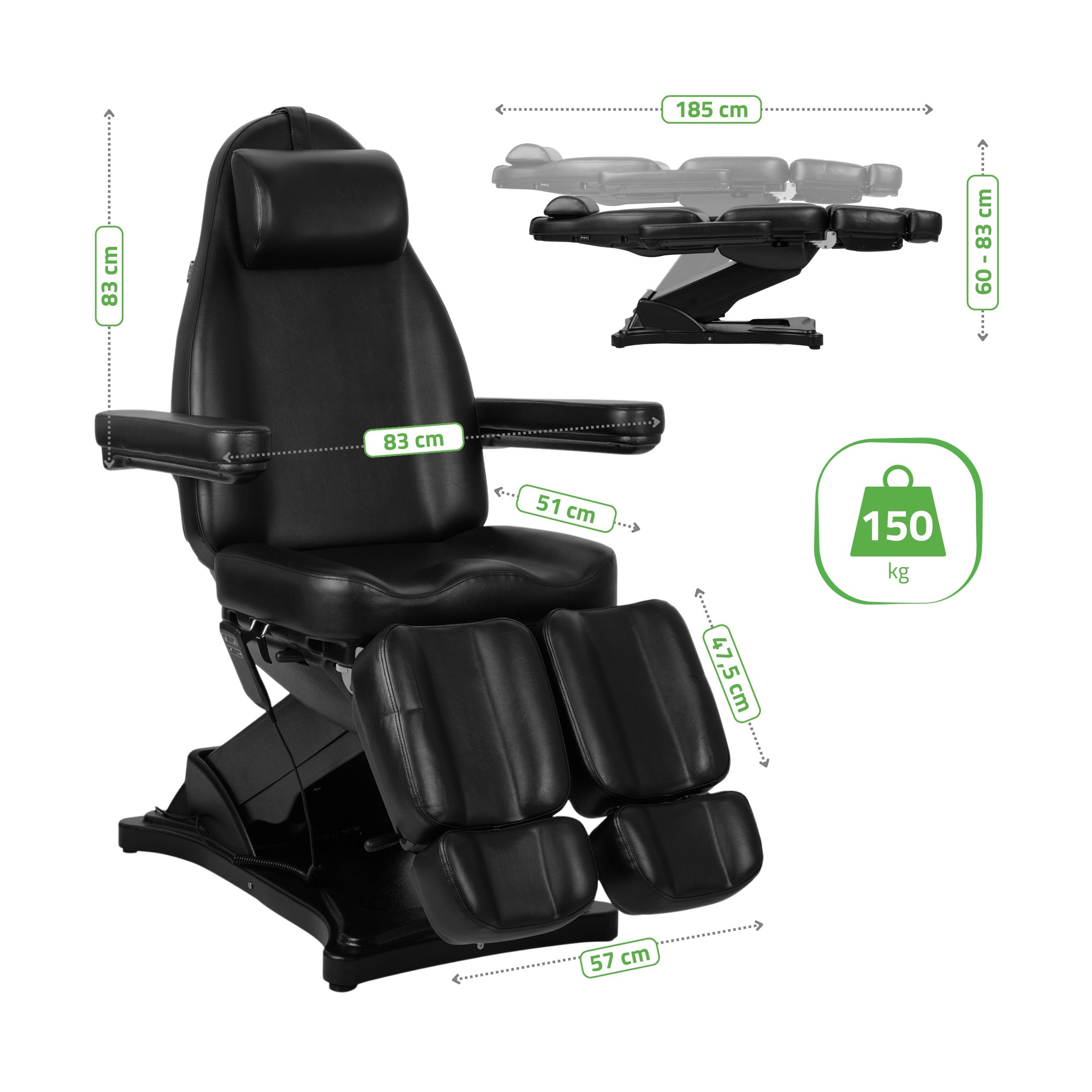 Cosmetic treatment chair, electric Elara PRO 6P, black